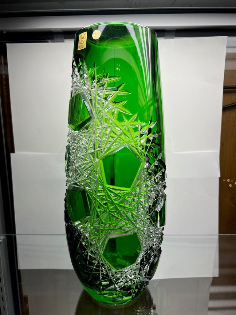 Green Hand Cut Lead Crystal Vase by Caesar Crystal Bohemiae Co. Czech