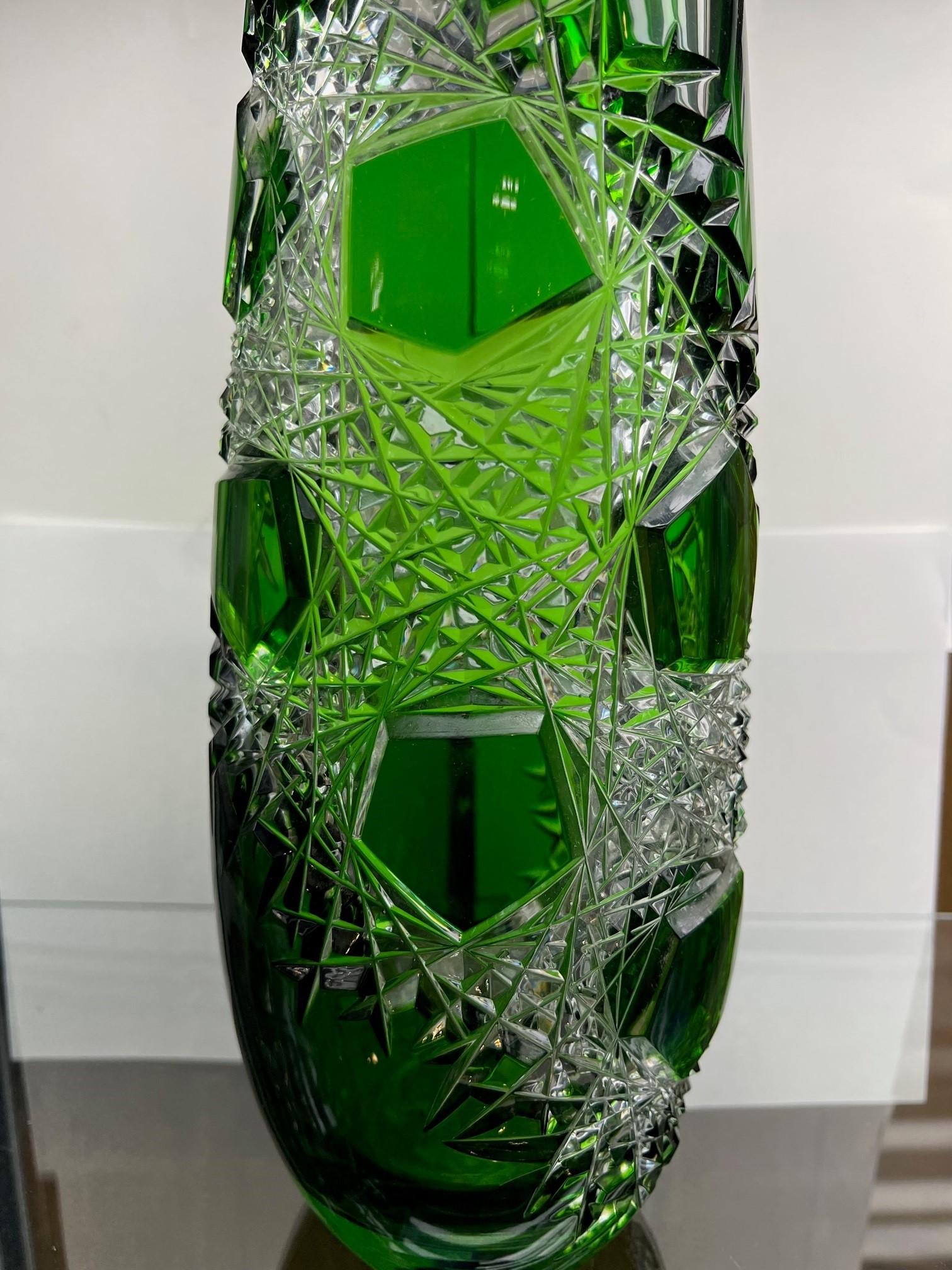 Green Hand Cut Lead Crystal Vase by Caesar Crystal Bohemiae Co. Czech Republic In Excellent Condition For Sale In Stamford, CT