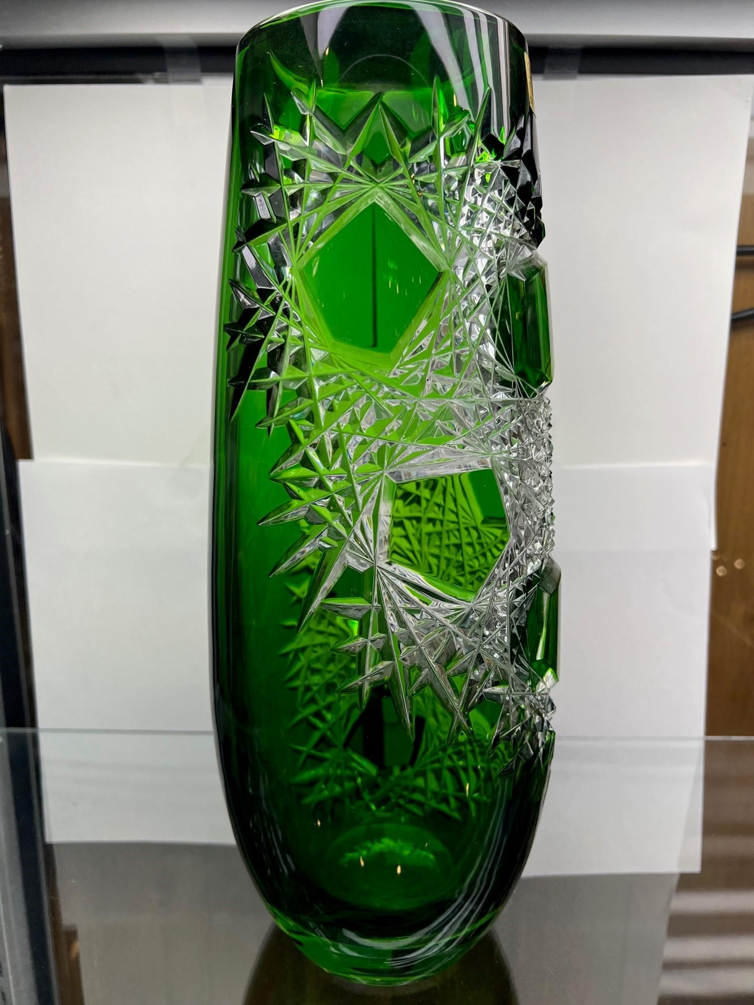 20th Century Green Hand Cut Lead Crystal Vase by Caesar Crystal Bohemiae Co. Czech Republic For Sale