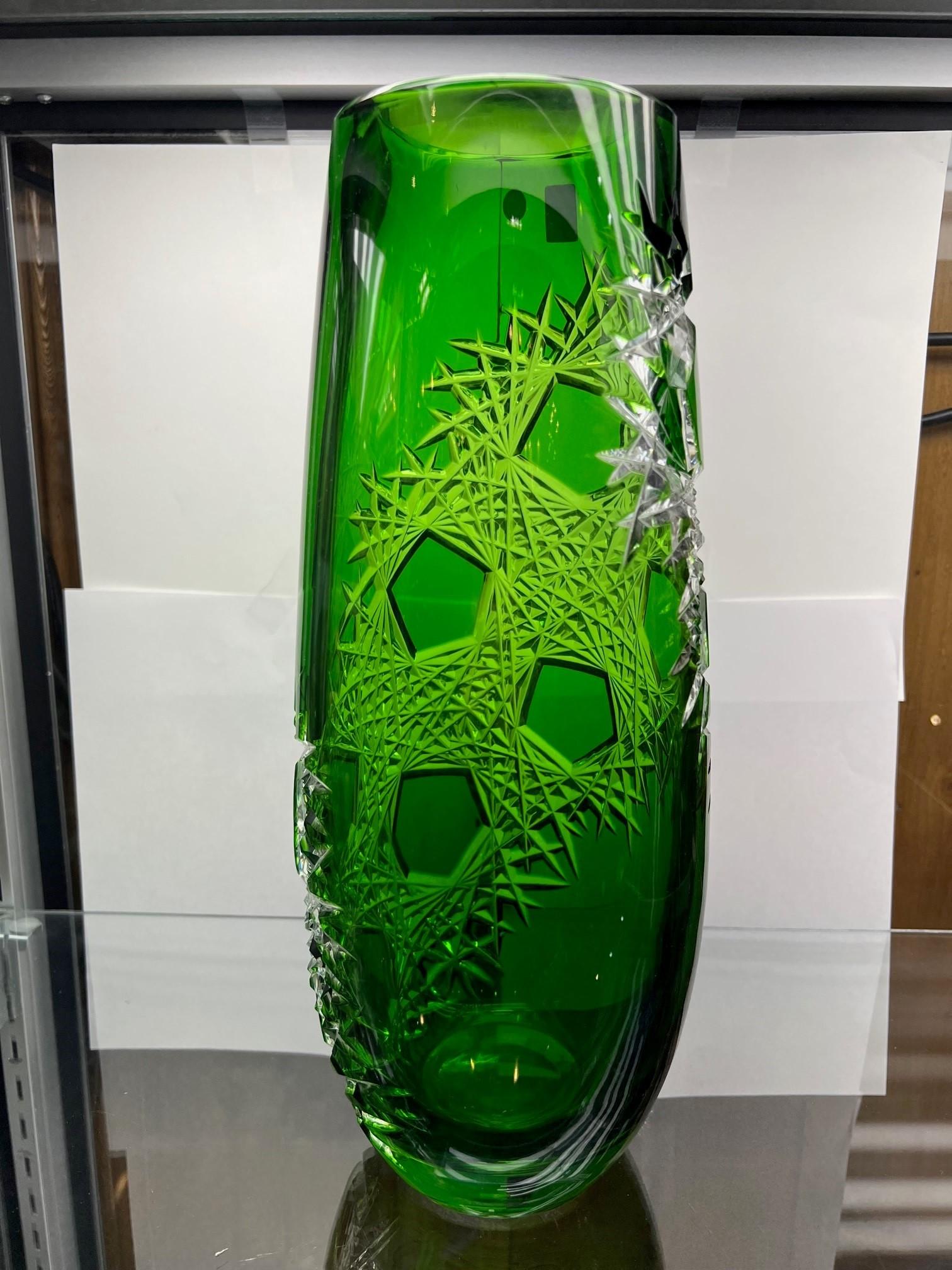 Green Hand Cut Lead Crystal Vase by Caesar Crystal Bohemiae Co. Czech Republic For Sale 1