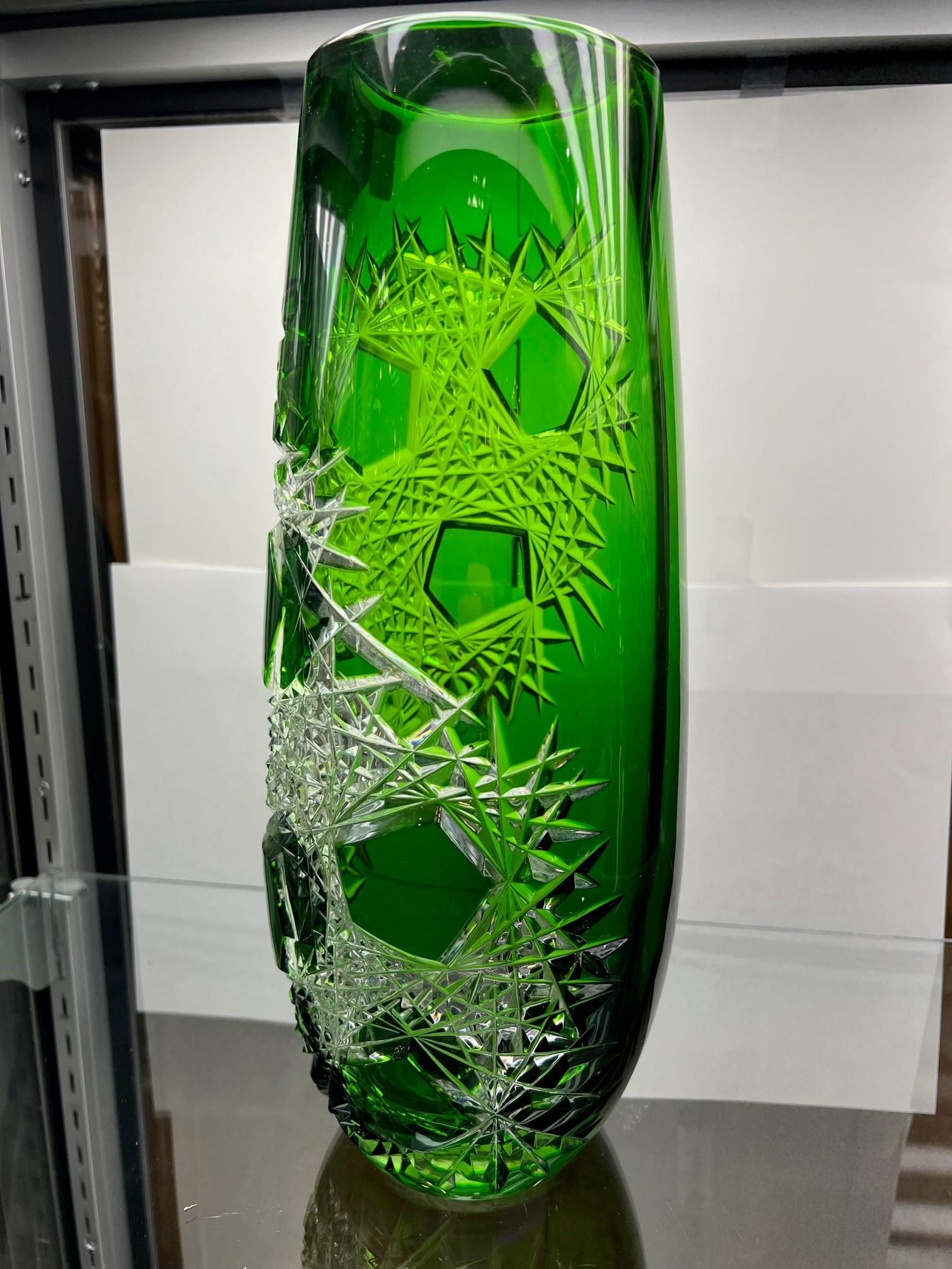 Green Hand Cut Lead Crystal Vase by Caesar Crystal Bohemiae Co. Czech Republic For Sale 2