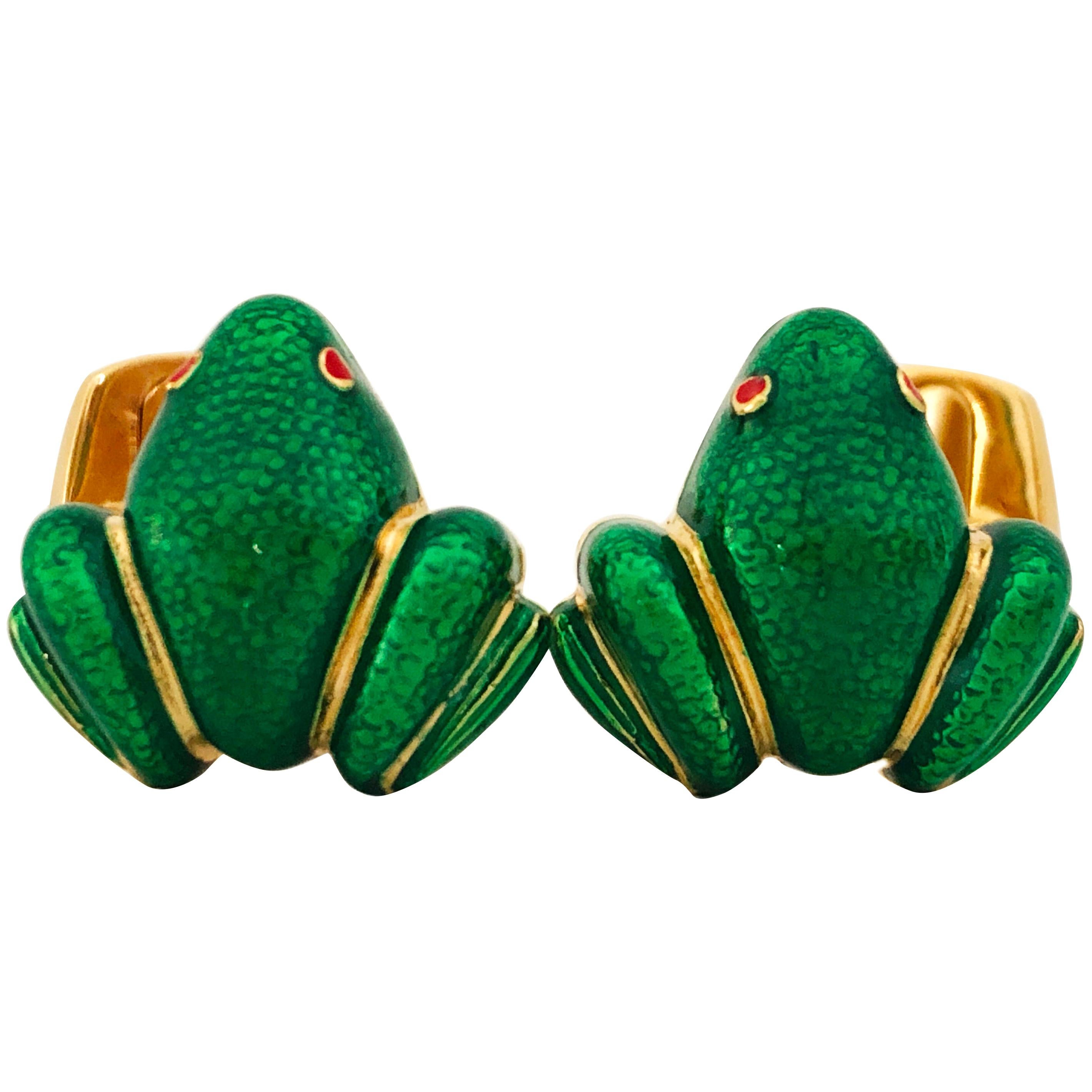 Berca Green Hand Enameled Frog Shaped Sterling Silver Gold-Plated Cufflinks For Sale