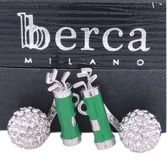 Berca Green Hand Enameled Golf Bag, Ball Back Solid Sterling Silver Cufflinks