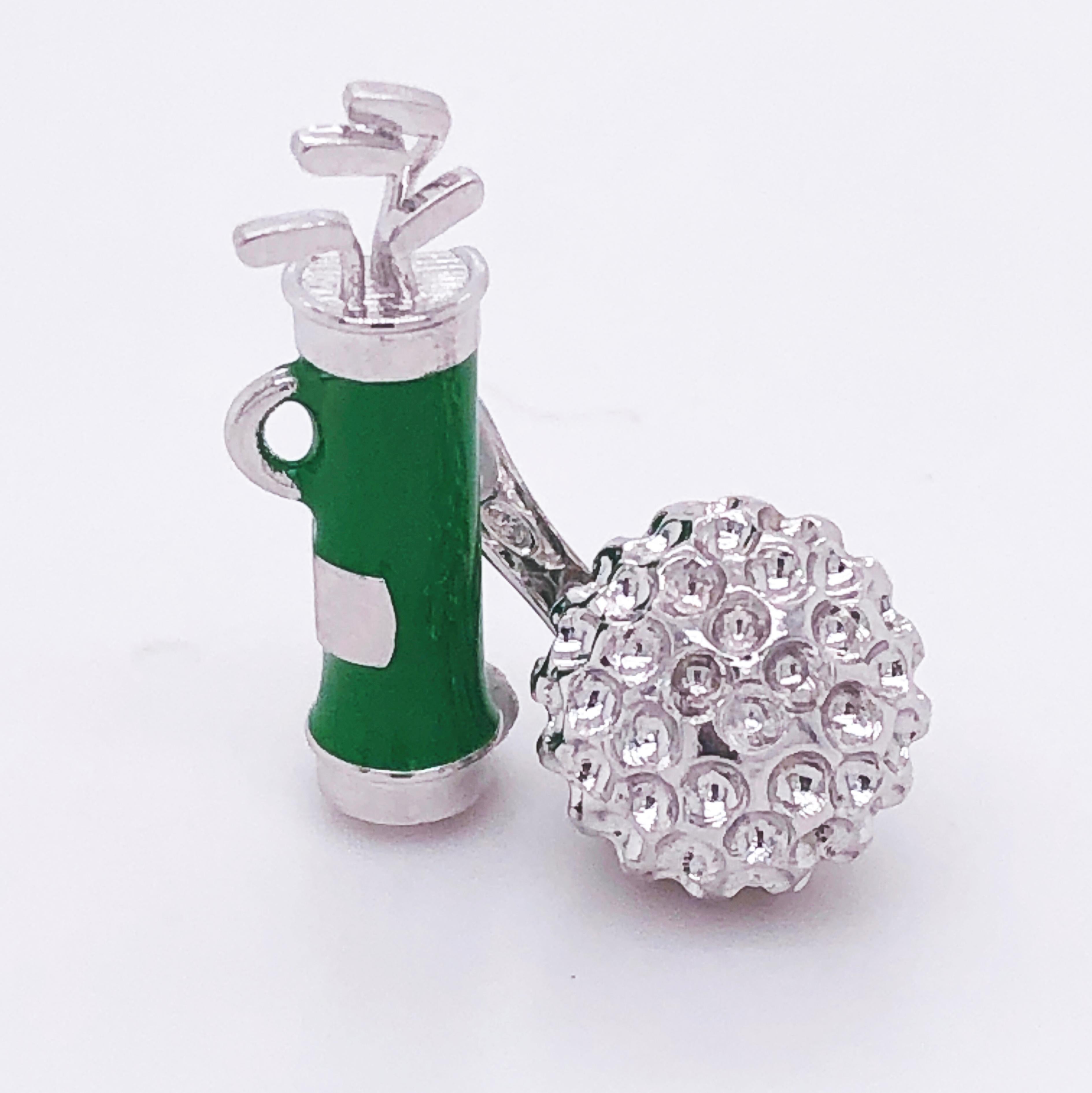 Contemporary Berca Green Hand Enameled Golf Bag, Ball Back Solid Sterling Silver Cufflinks For Sale