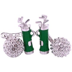 Berca Green Hand Enameled Golf Bag, Ball Back Solid Sterling Silver Cufflinks