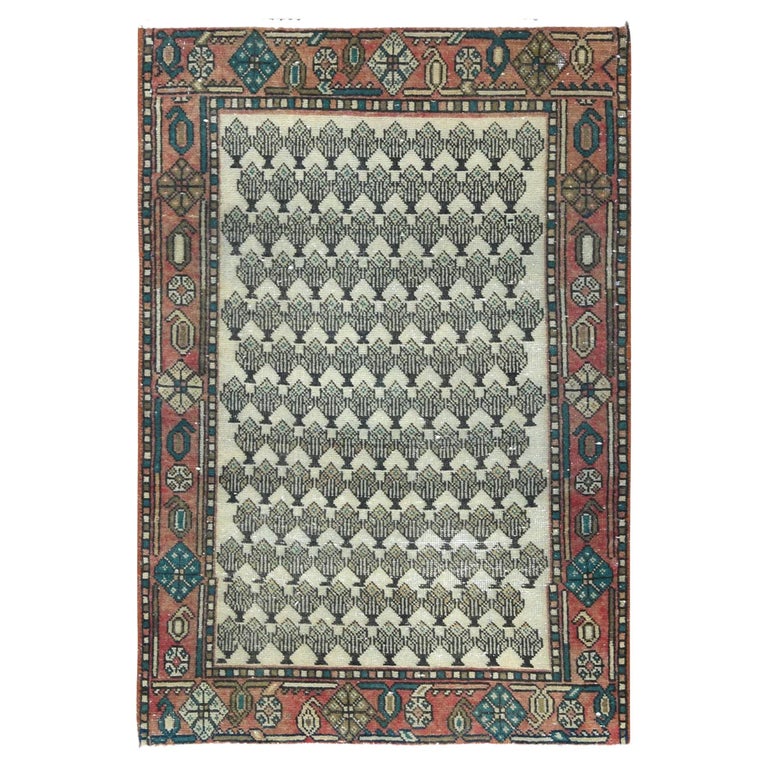 Tapis Persan Hamedan Noué Main – Laine Et Coton – 113x82 Cm – Beige