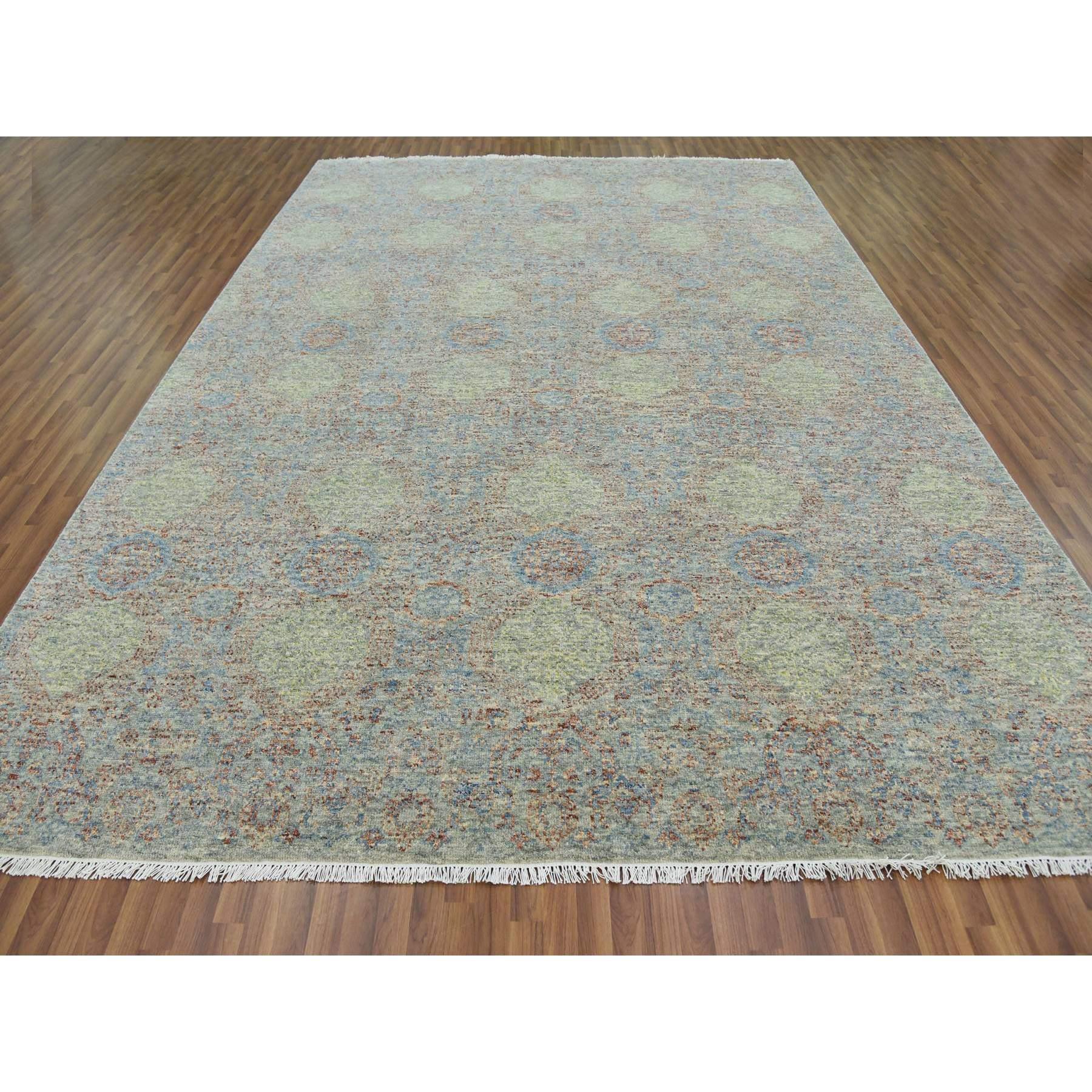 Modern Green Hand Knotted Tone on Tone Obscured and Subtle Collection Wool Oriental Rug For Sale