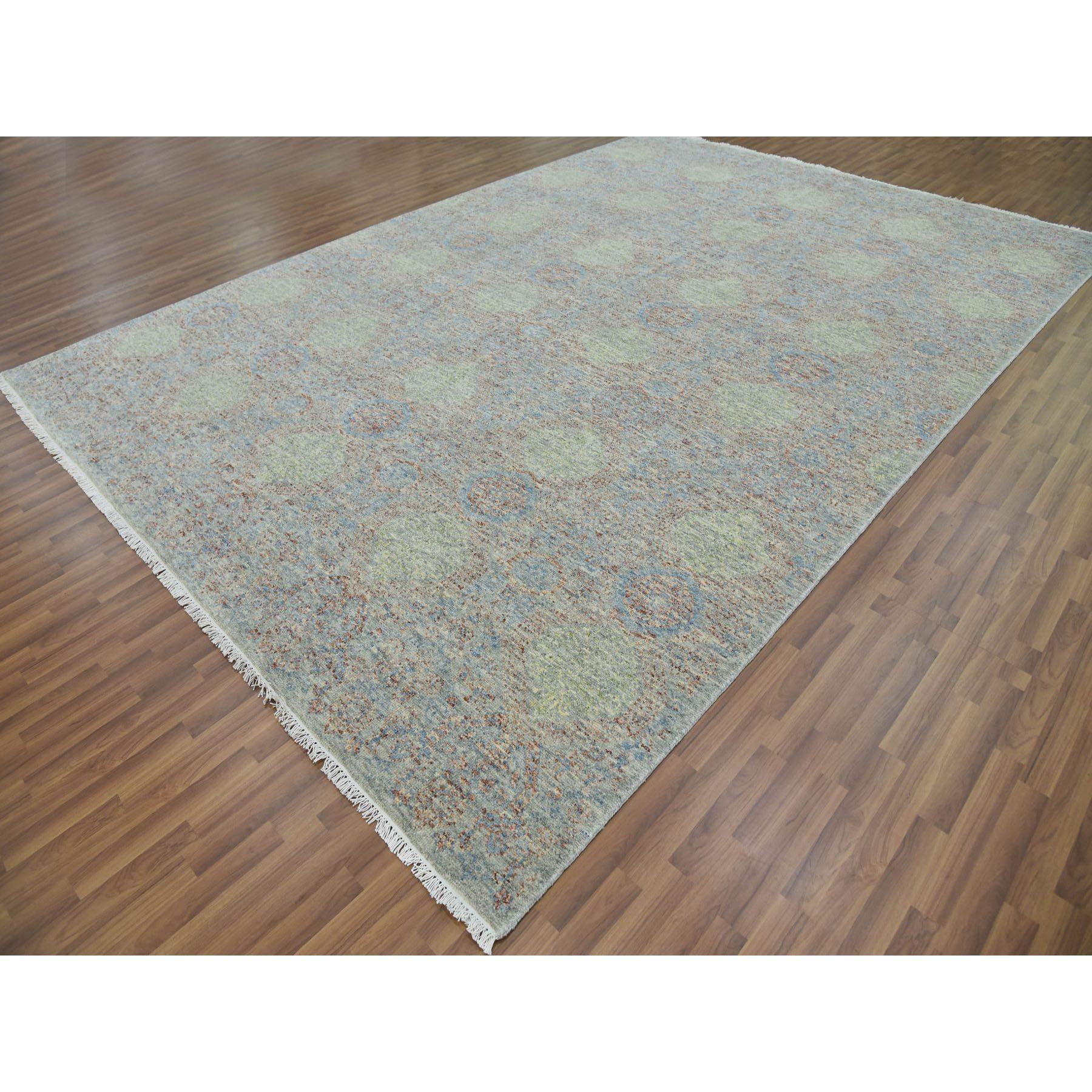 Indian Green Hand Knotted Tone on Tone Obscured and Subtle Collection Wool Oriental Rug For Sale