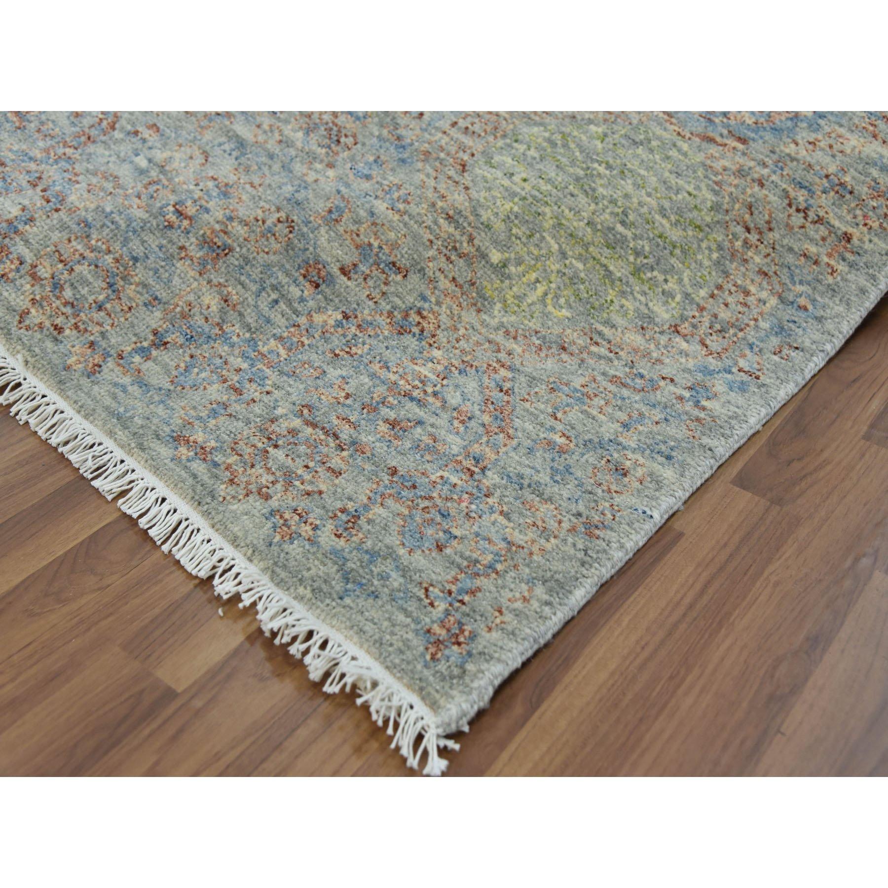 Contemporary Green Hand Knotted Tone on Tone Obscured and Subtle Collection Wool Oriental Rug For Sale