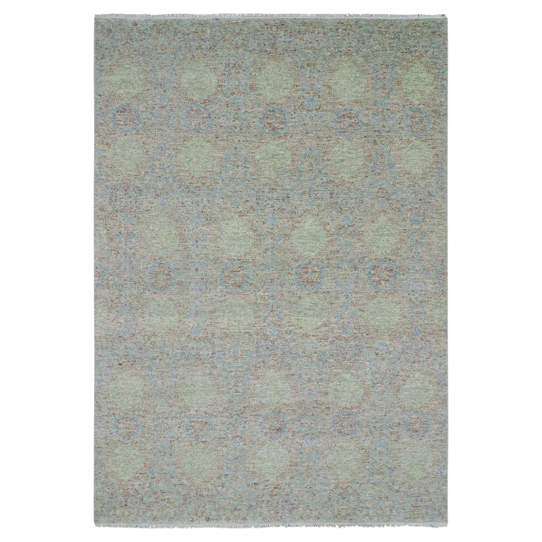 Green Hand Knotted Tone on Tone Obscured and Subtle Collection Wool Oriental Rug For Sale