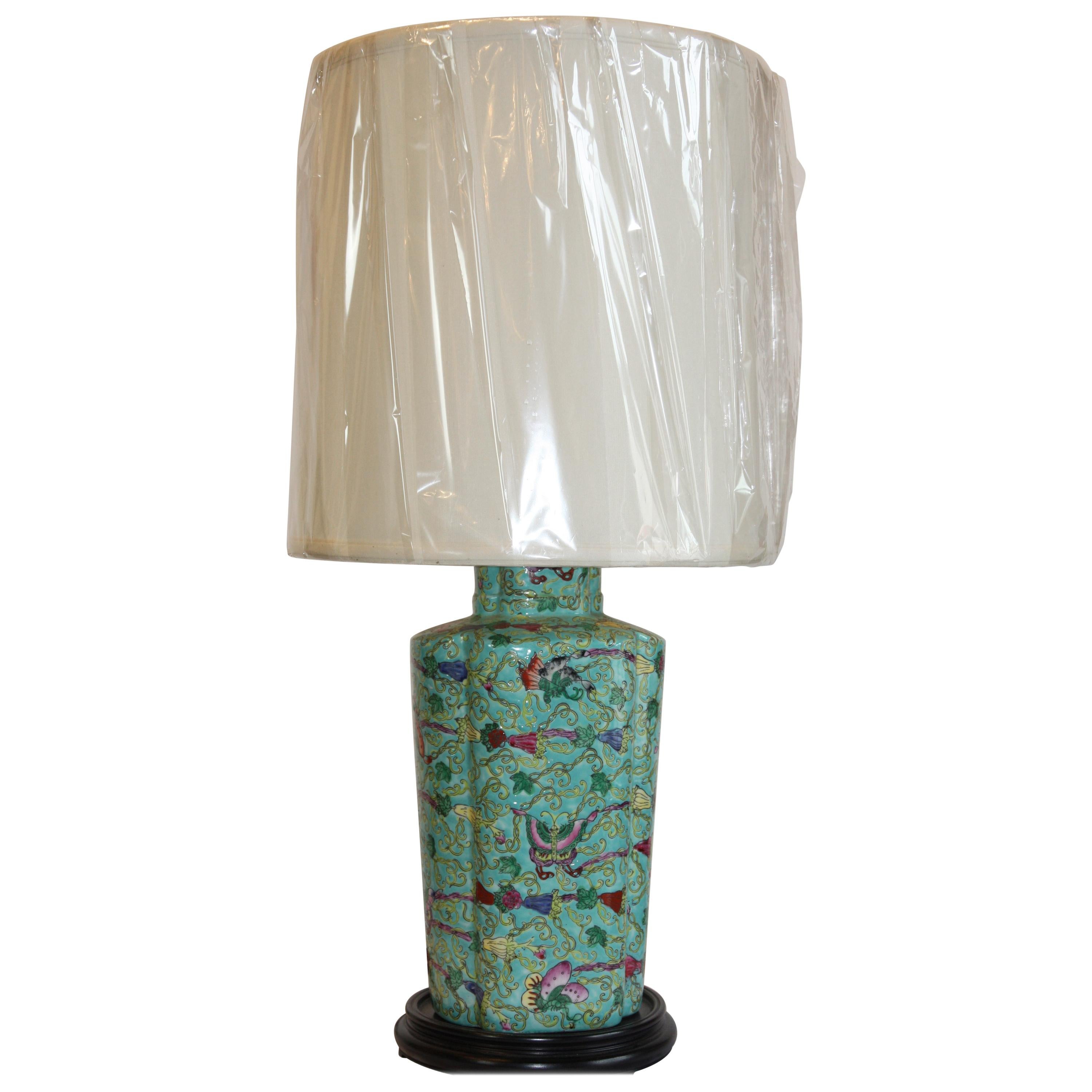 Green, Hand-Painted Asian Vase Lamp For Sale