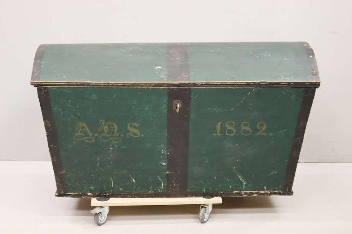 Old world Scandinavian wedding trunk, hand-painted forest green with hand-painted tan colored initials 