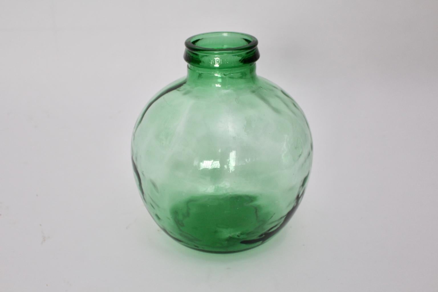 Modern Green Handblown Vintage Glass Bottle Demijohn by Viresa, 1970s