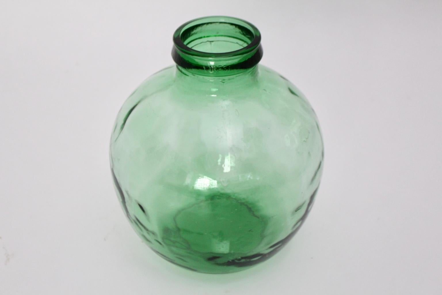 Green Handblown Vintage Glass Bottle Demijohn by Viresa, 1970s In Good Condition In Vienna, AT