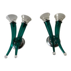 Paire de grandes appliques vertes en verre de Murano fabriquées à la main par VeArt, 1970, Italie