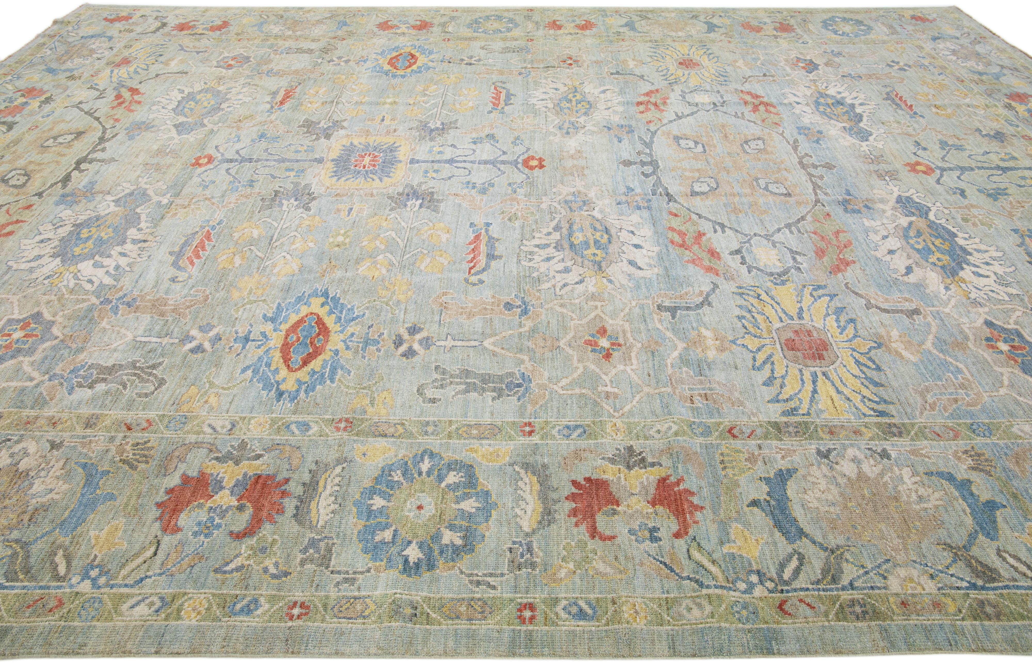 Hand-Knotted Green Handmade Modern Sultanabad Oversize Wool Rug with Multicolor Floral Design For Sale
