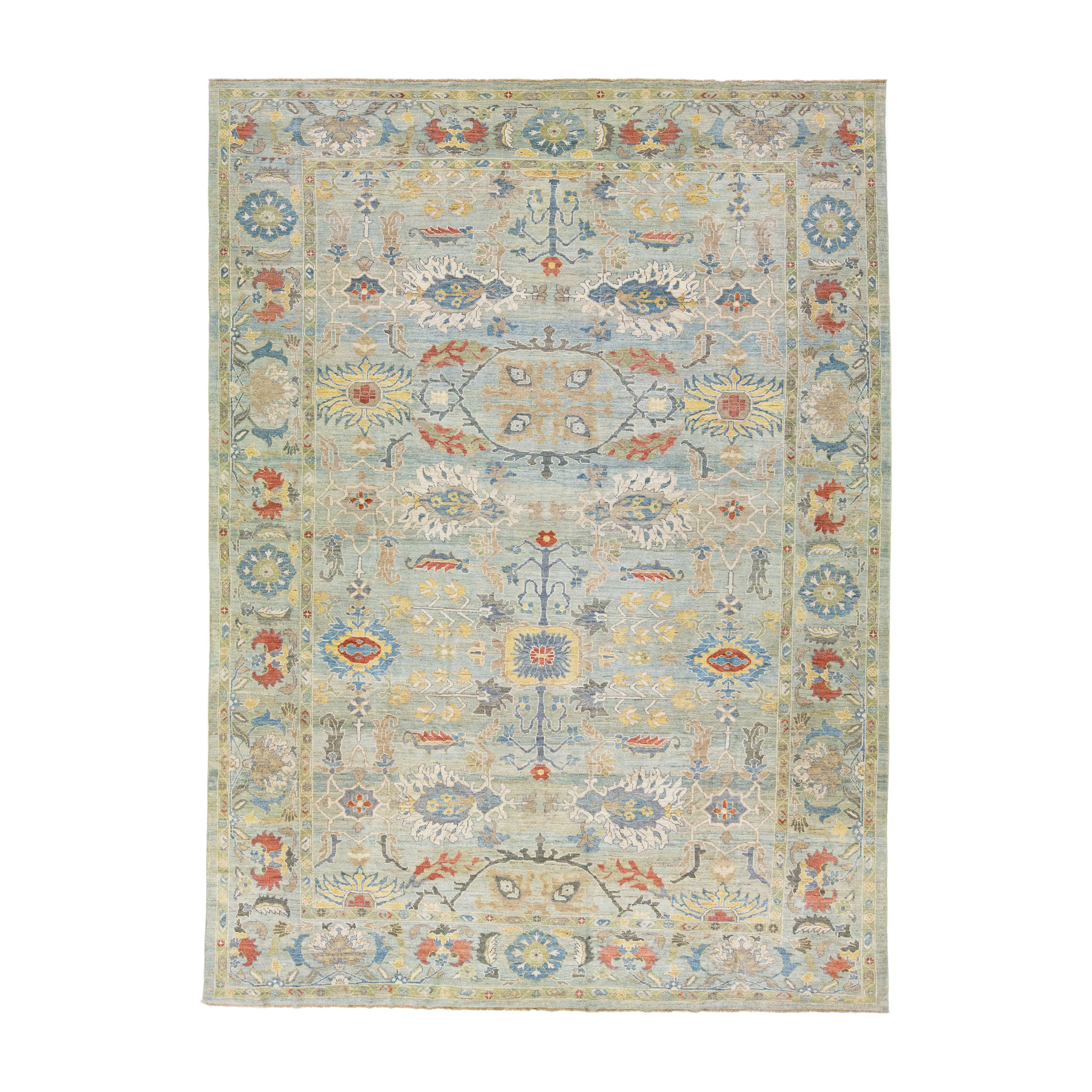 Tapis moderne surdimensionné Sultanabad en laine verte fait à la main avec un motif floral multicolore