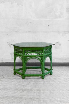 Green handwoven rattan coffee table, 1970s