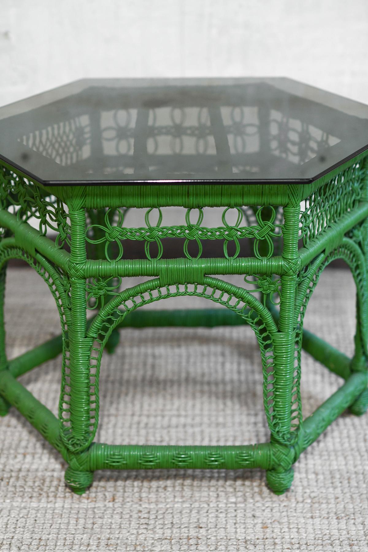 Late 20th Century Green handwoven rattan coffee table, 1970s For Sale