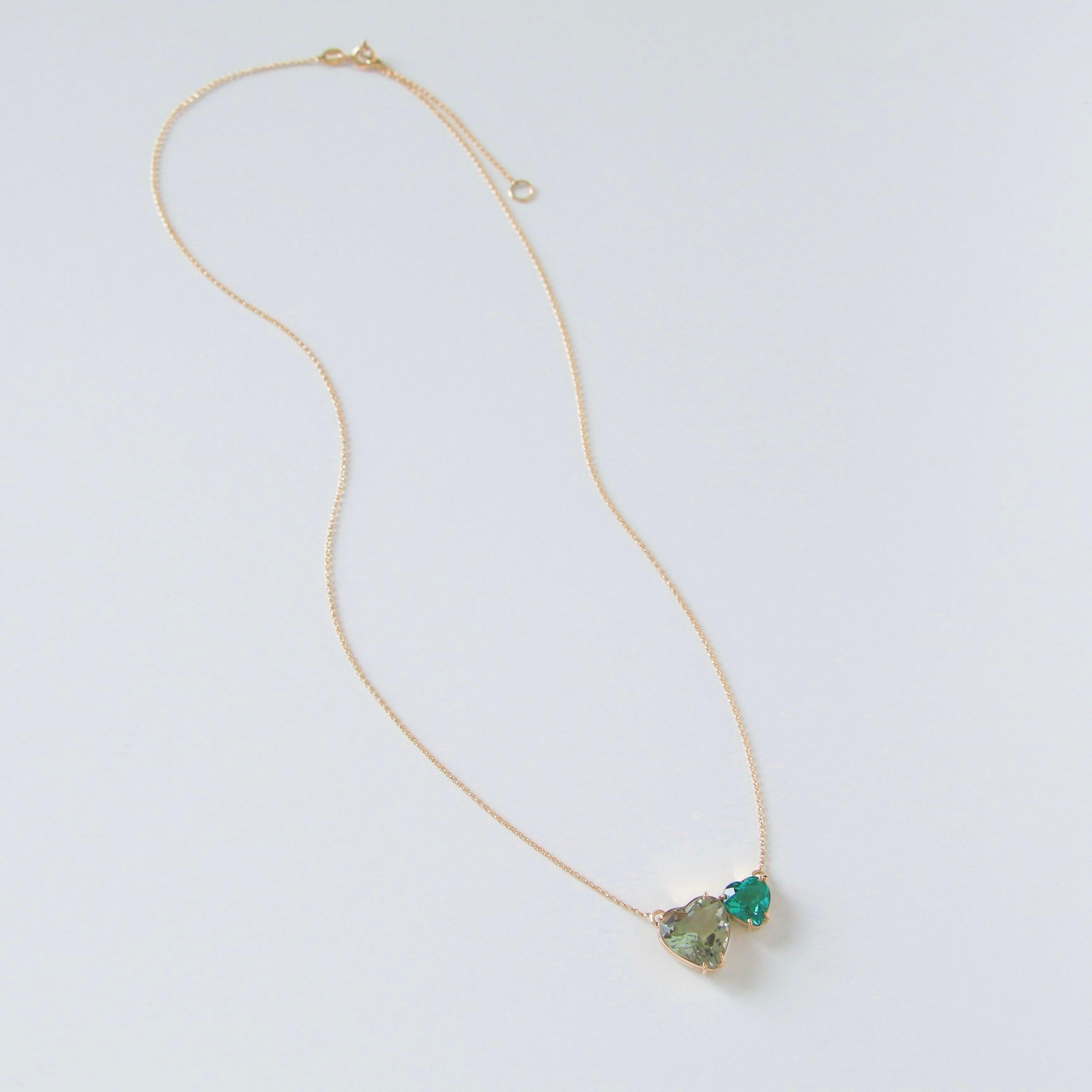 Heart Cut Green Hearts Necklace - 18K Solid Yellow Gold For Sale