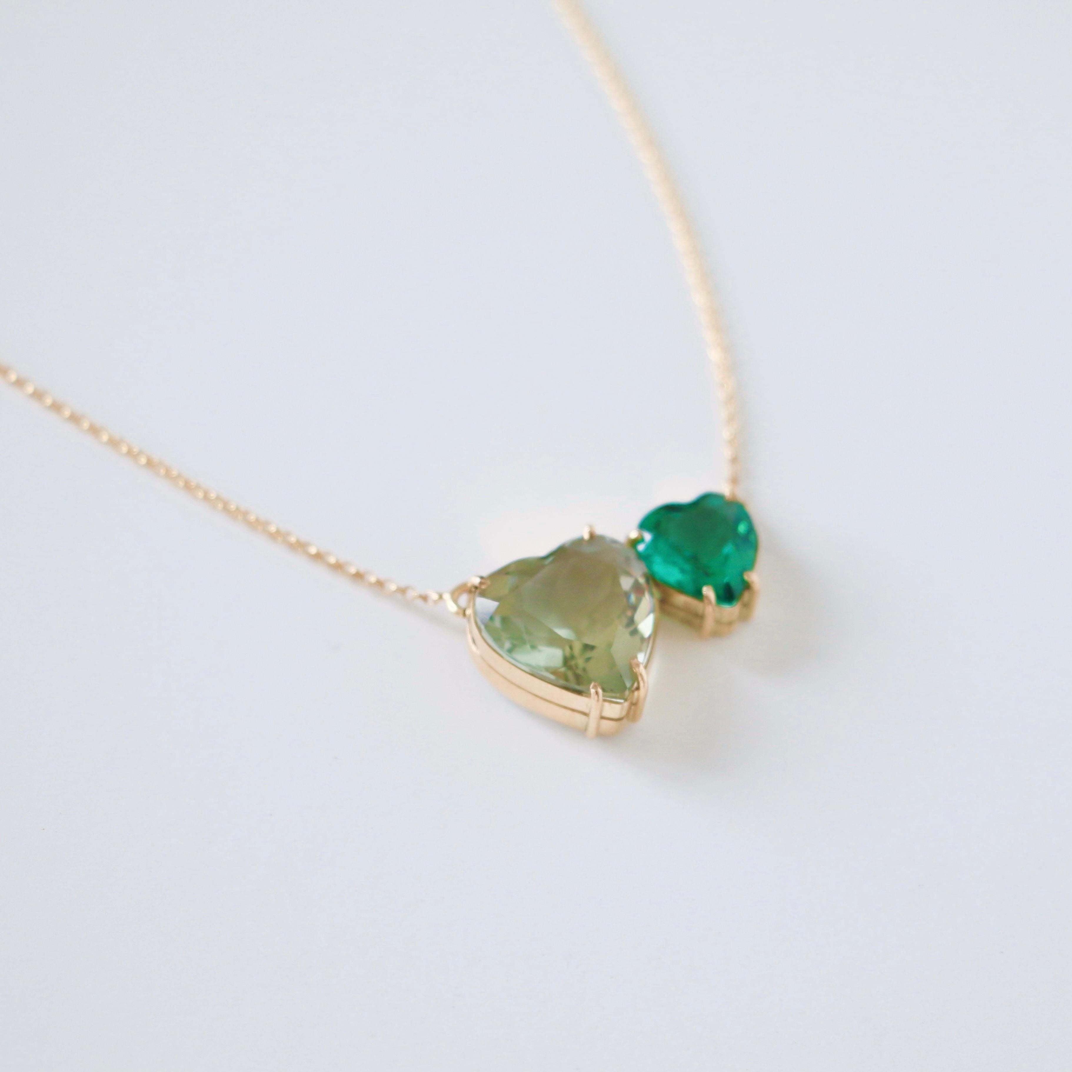 Green Hearts Necklace - 18K Solid Yellow Gold In New Condition For Sale In Markham, CA