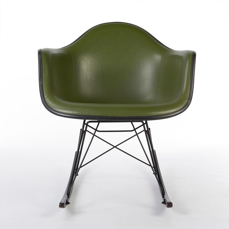 Green Herman Miller Eames Upholstered Black RAR Rocking Chair For Sale
