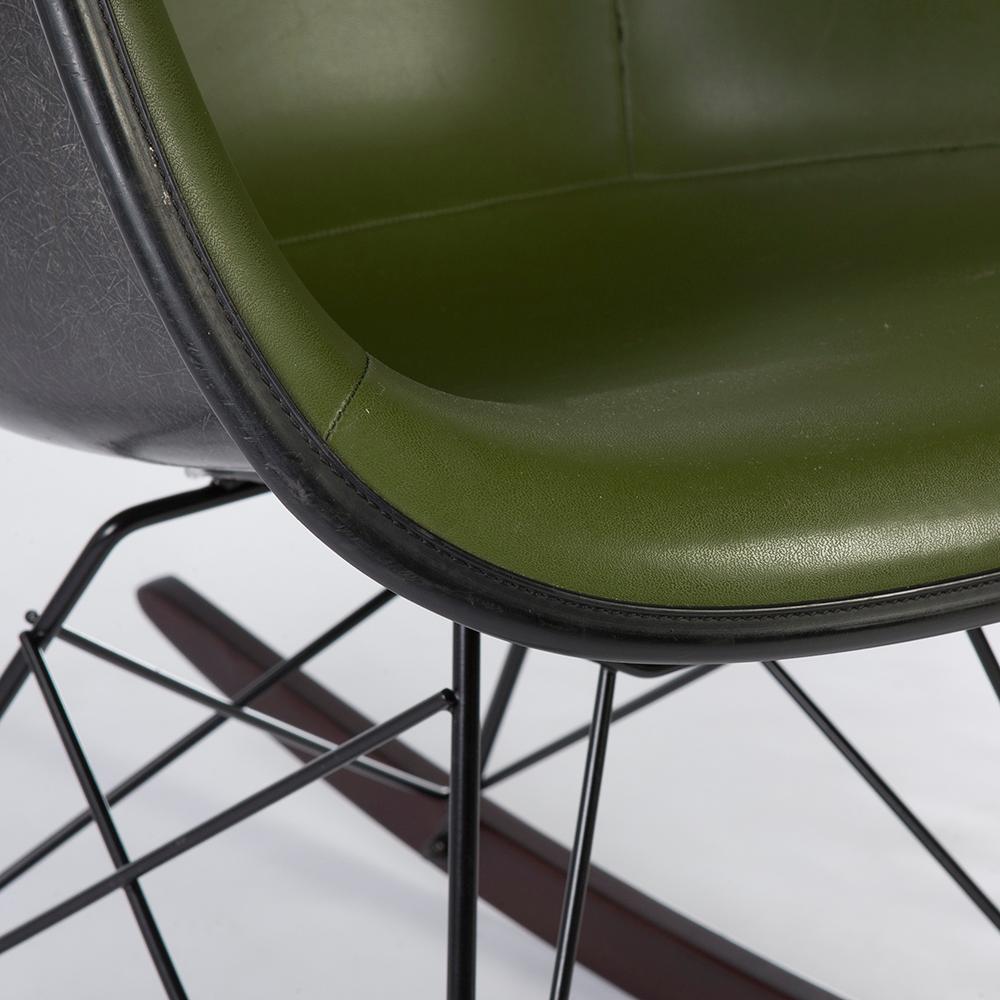 Molded Green Herman Miller Eames Upholstered Black RAR Rocking Chair For Sale