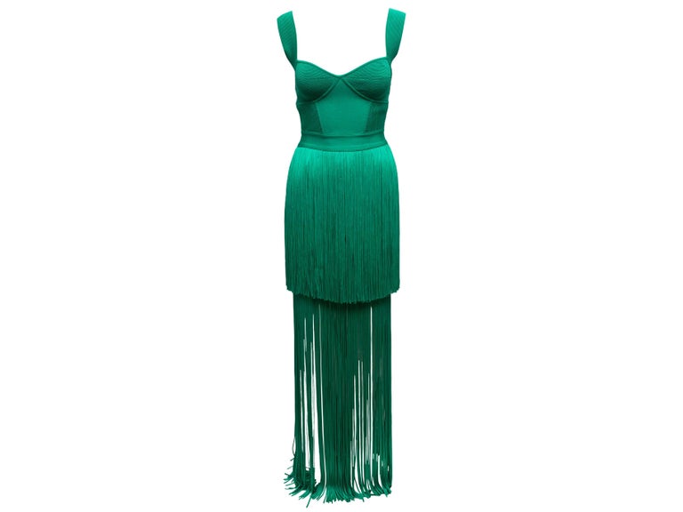 herve leger green fringe dress Maxi Size US XS For Sale at 1stDibs Thin Straps