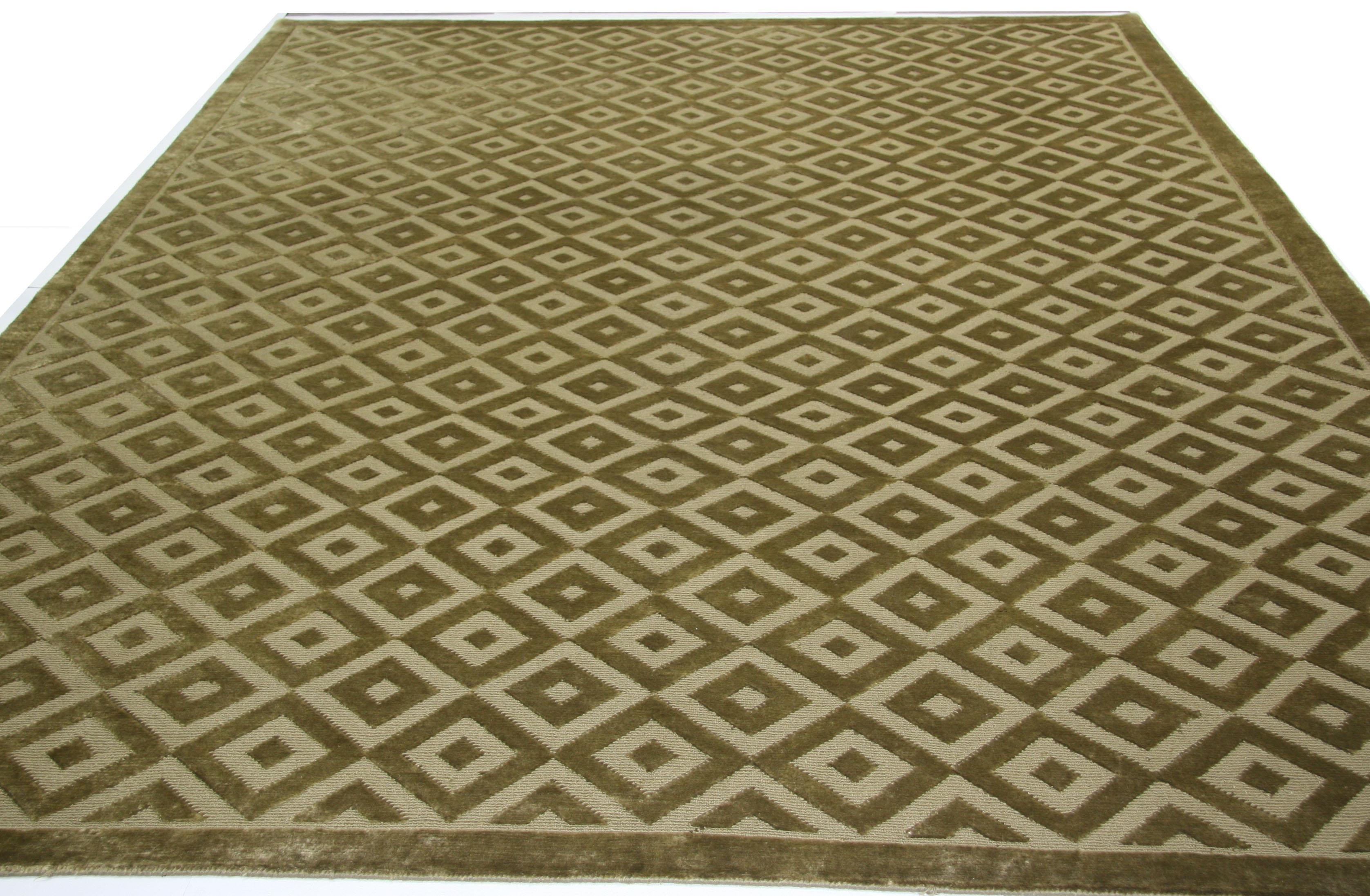 Nepalese Green High Low Diamonds Area Rug For Sale