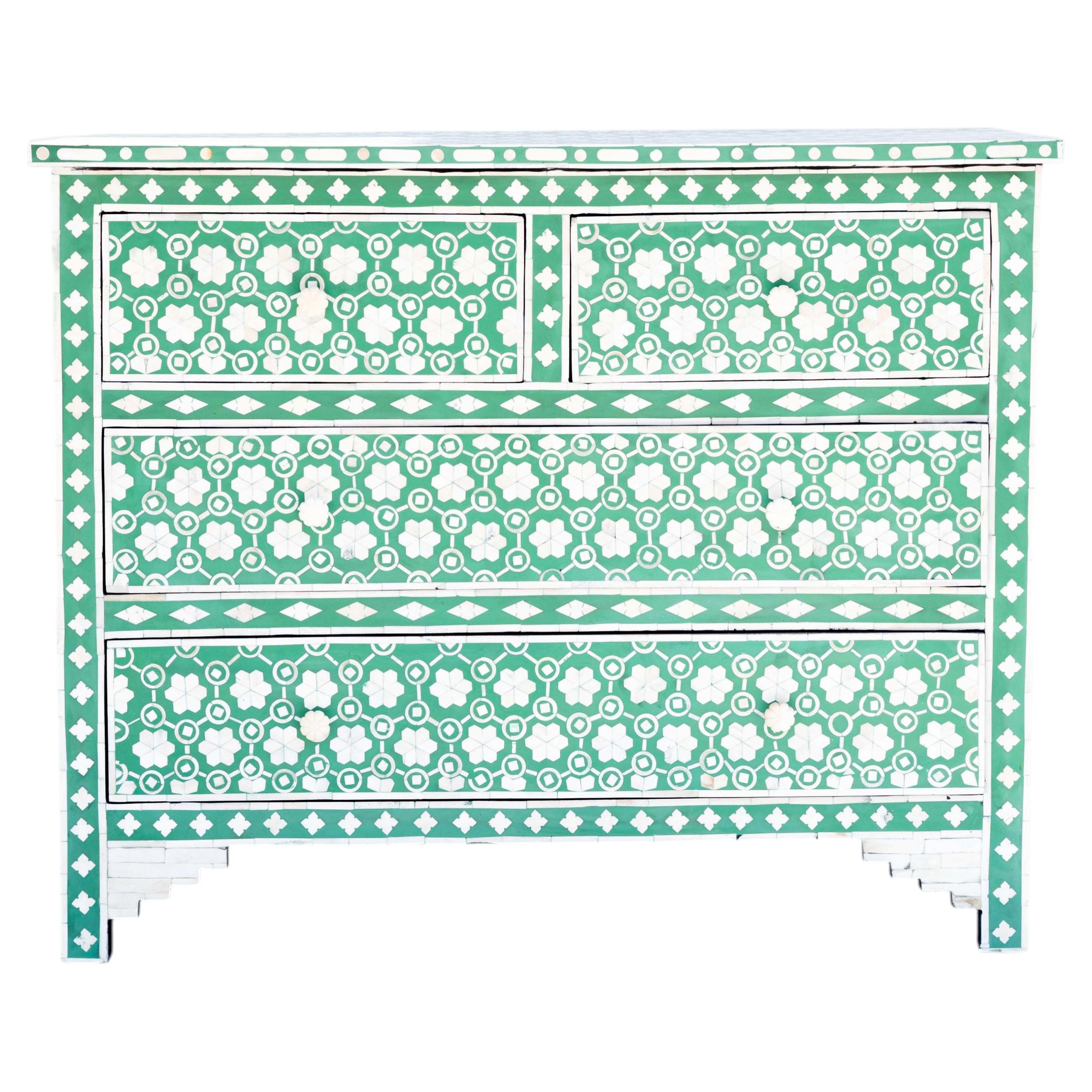 Green Honeycomb Floral Bone Inlay Four-Drawer Dresser by House of Jaipur For Sale