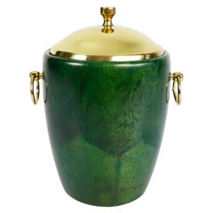 Vintage Green Ice Bucket in Goatskin and Brass by Aldo Tura, 1950s, Italy