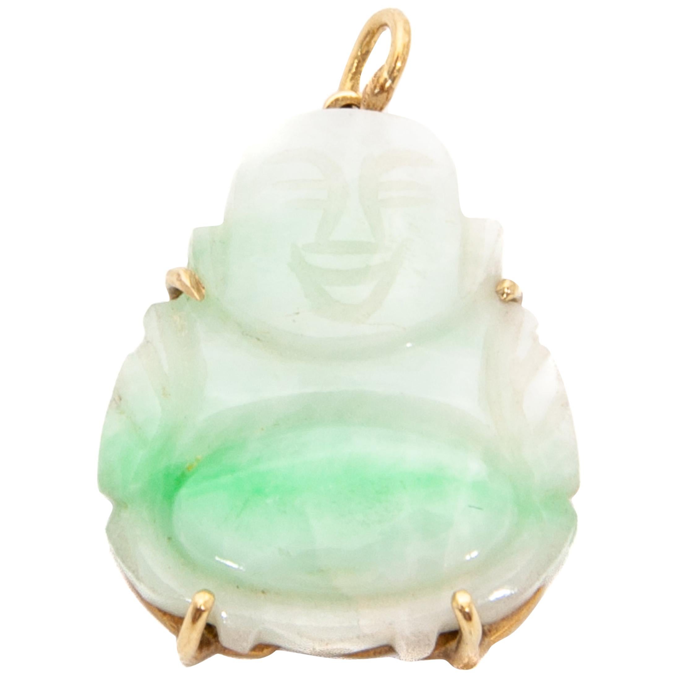 14 Karat Gold Carved Jade Buddha Charm Pendant