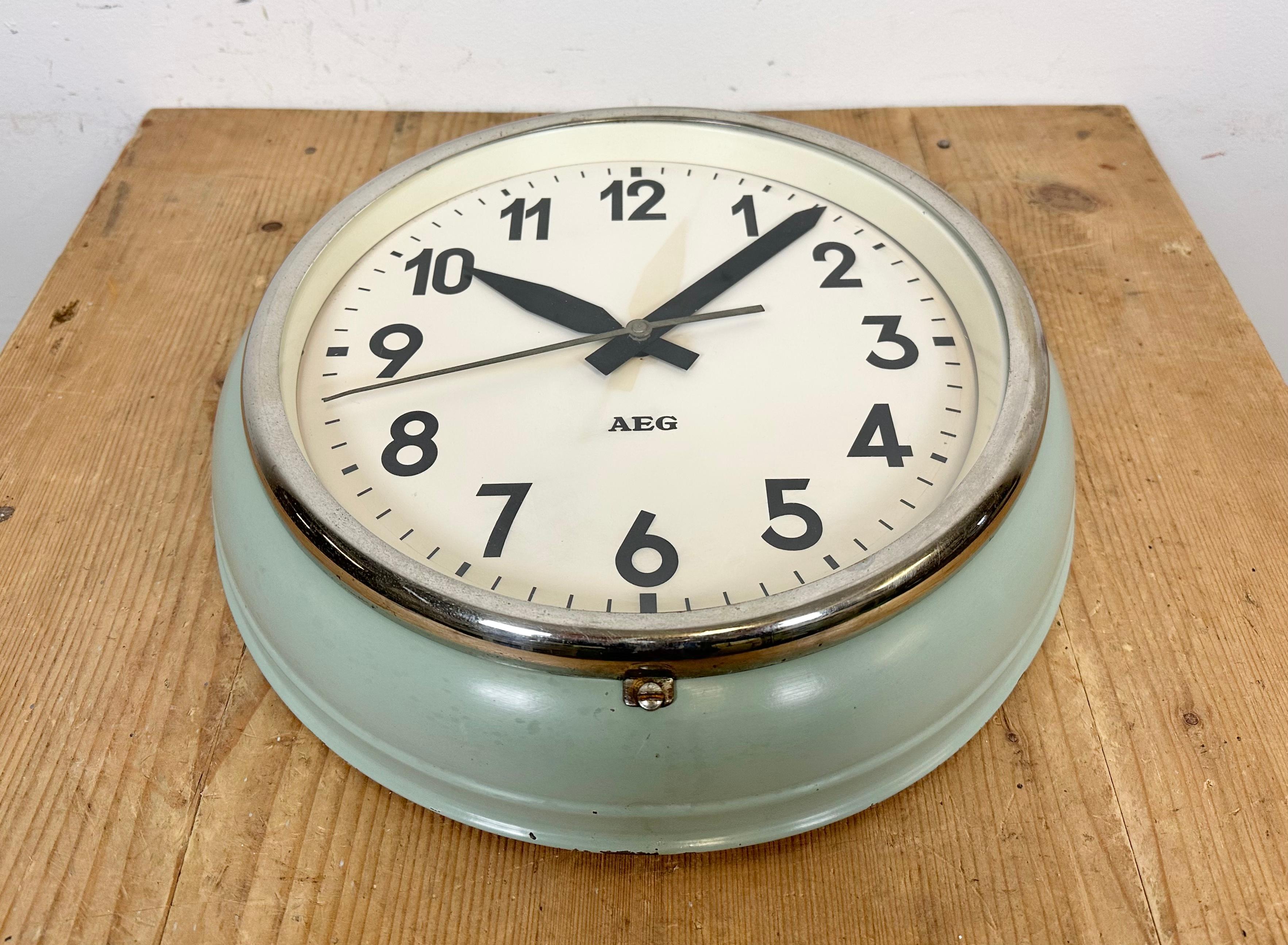 Glass Green Industrial Factory Wall Clock from AEG, 1960s