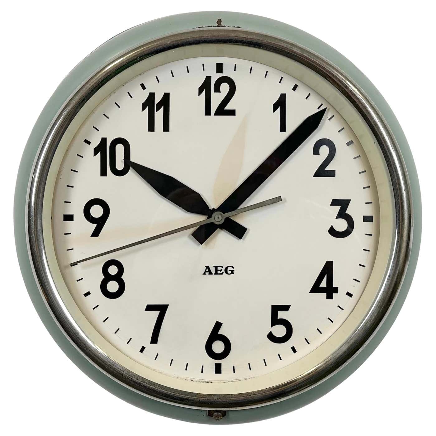 Green Industrial Factory Wall Clock from AEG, 1960s at 1stDibs