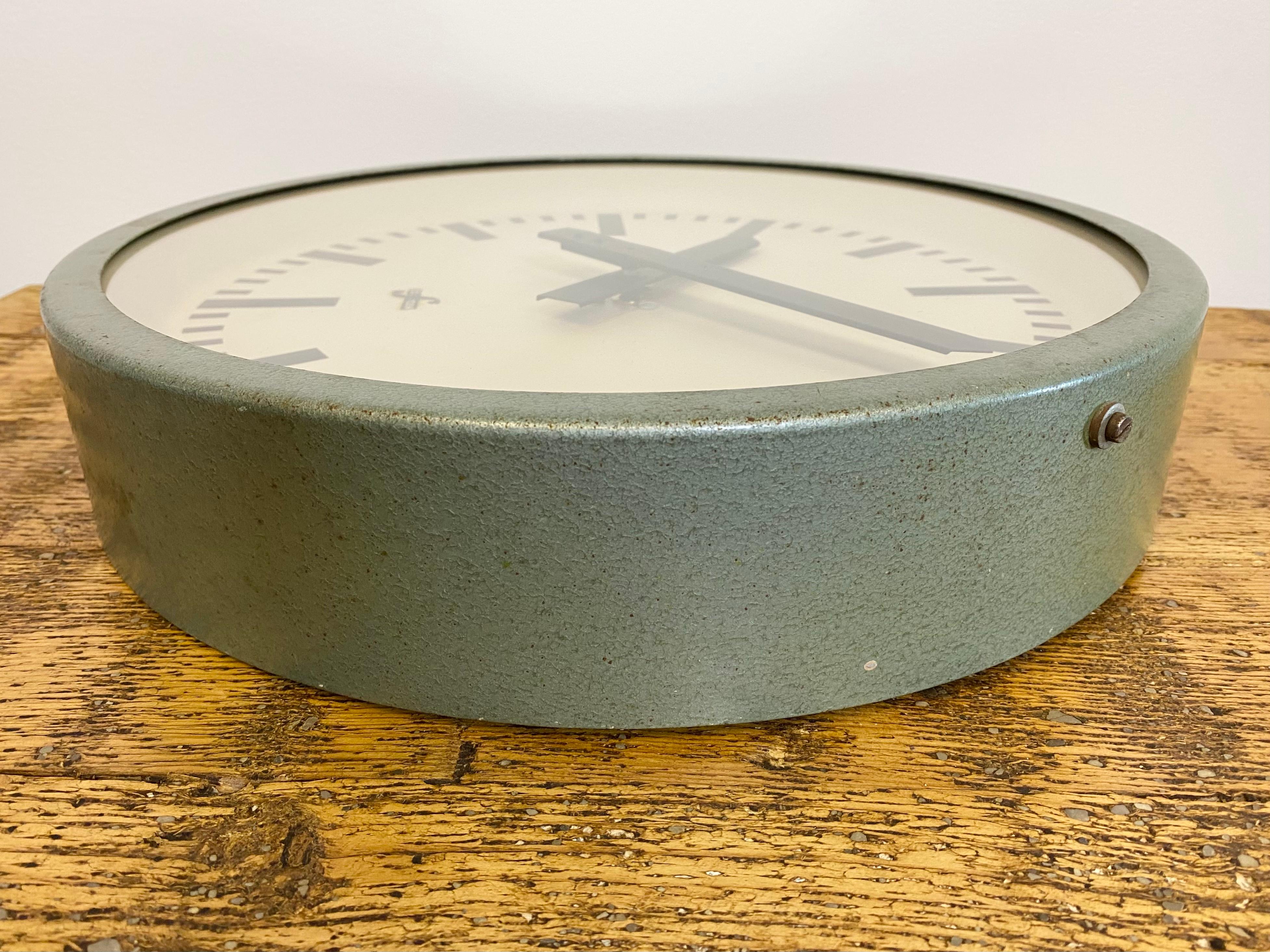 Glass Green Industrial Factory Wall Clock from Elfema, 1960s