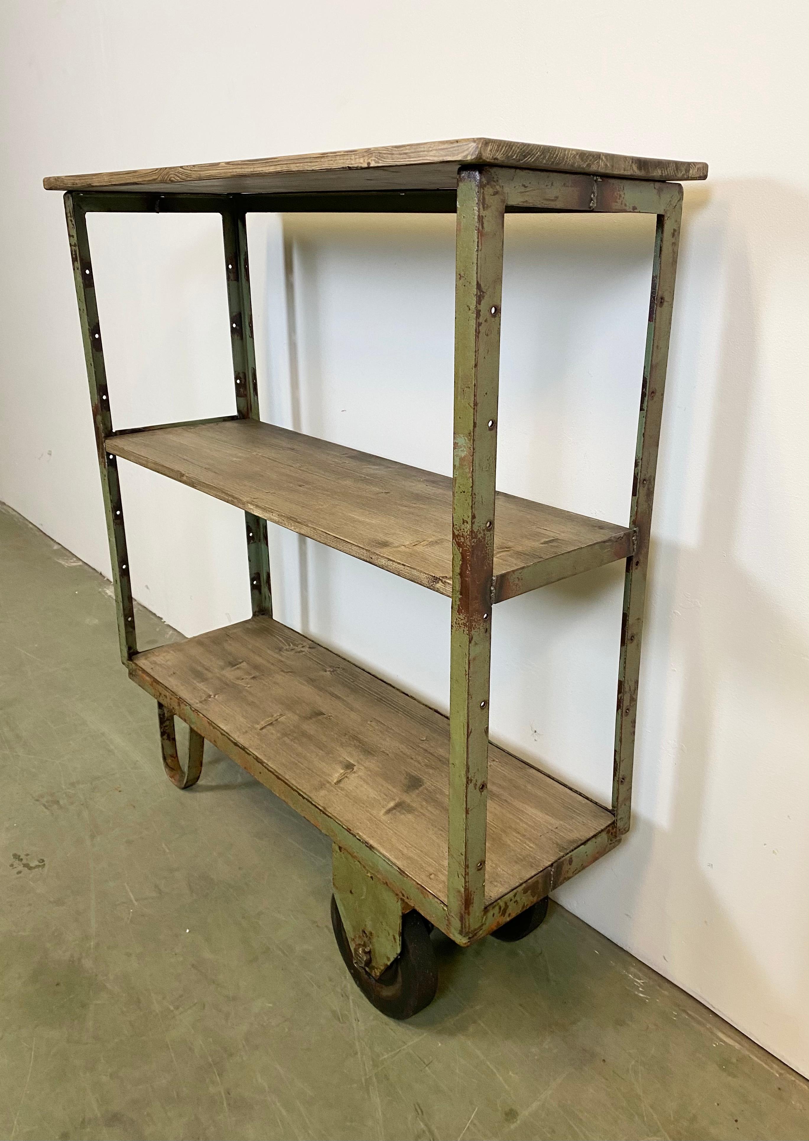 Czech Green Industrial Shelf with Wheels, 1960s