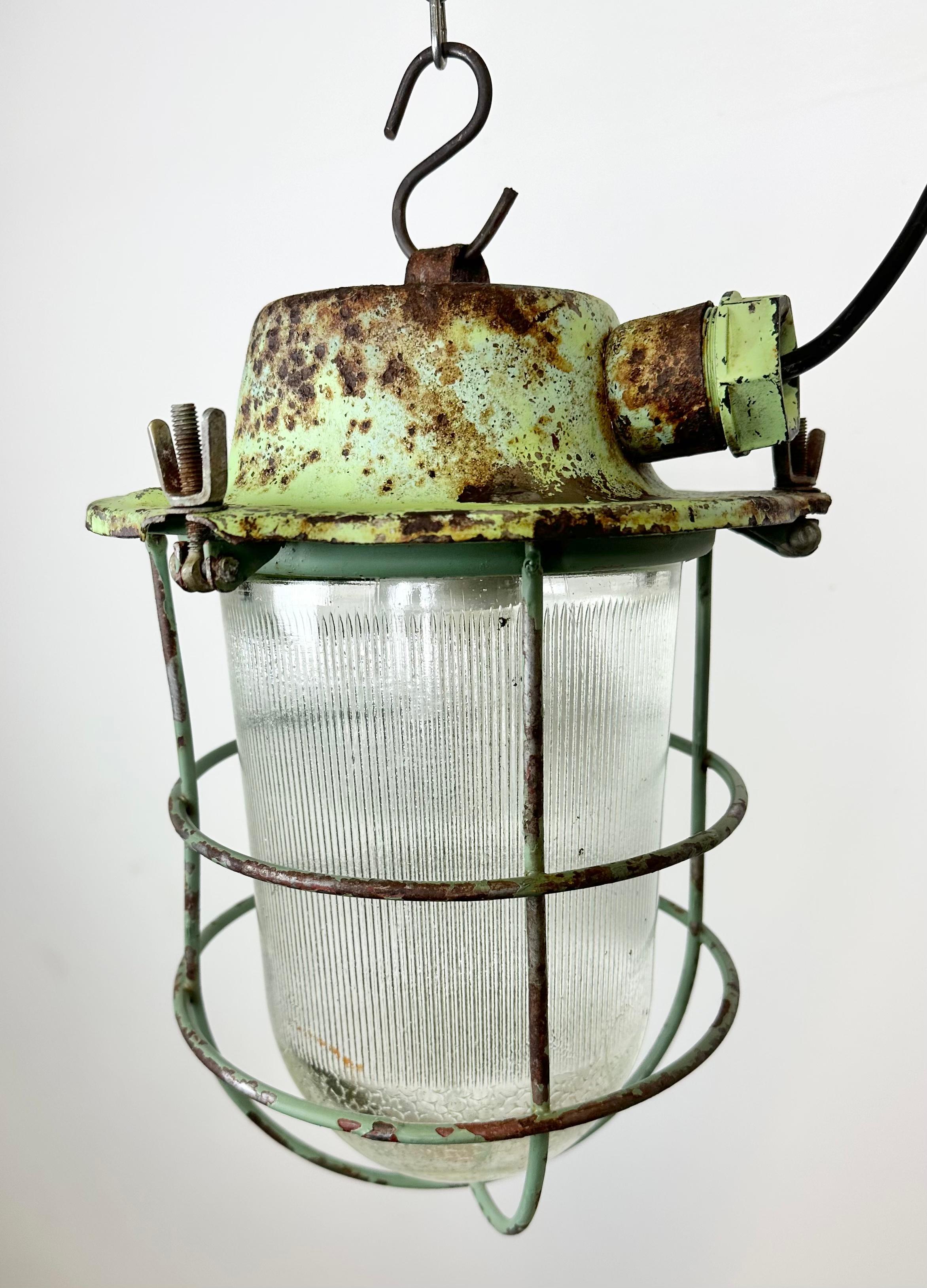Green Industrial Soviet Bunker Pendant Light with Iron Grid, 1960s 3