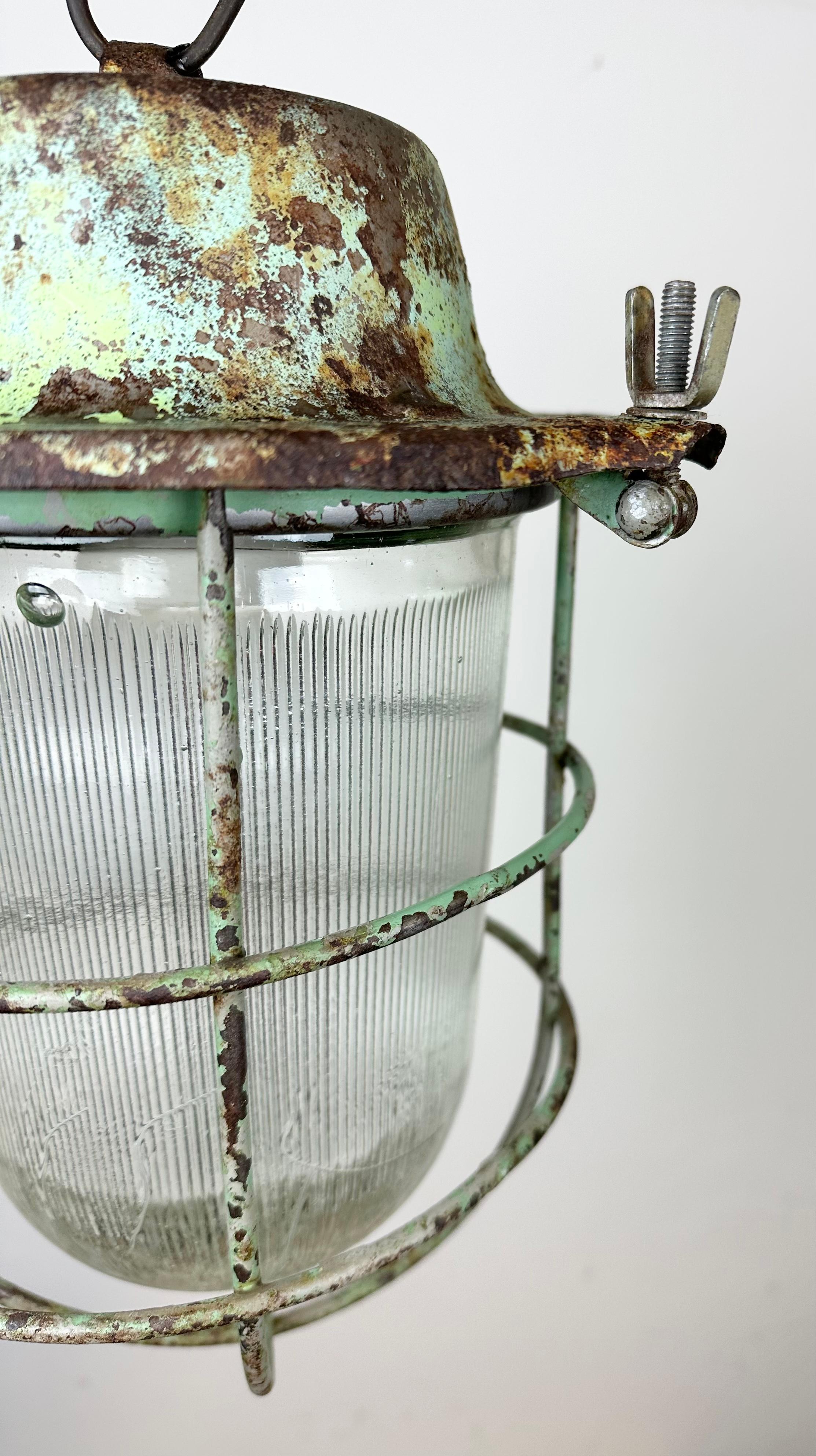 Green Industrial Soviet Bunker Pendant Light with Iron Grid, 1960s For Sale 4