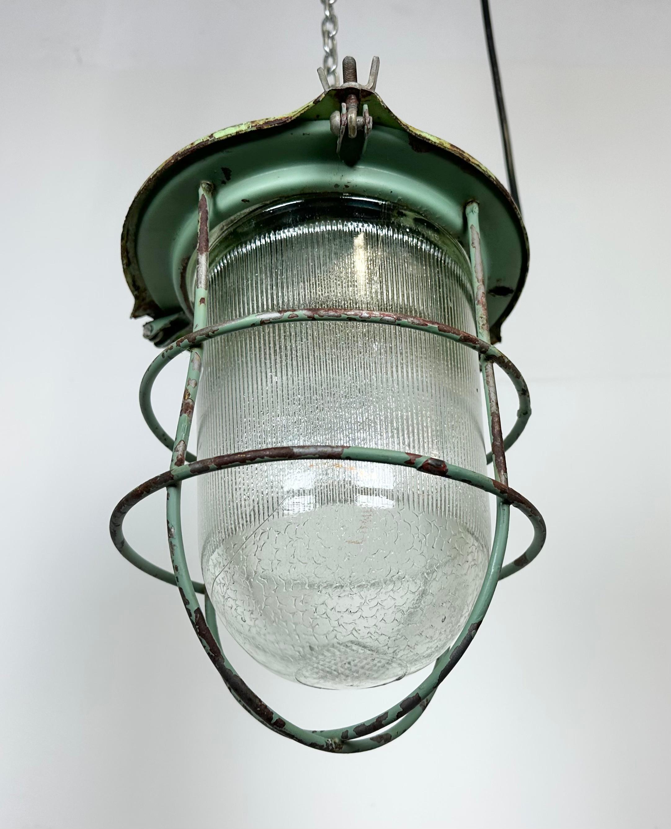 Green Industrial Soviet Bunker Pendant Light with Iron Grid, 1960s 5
