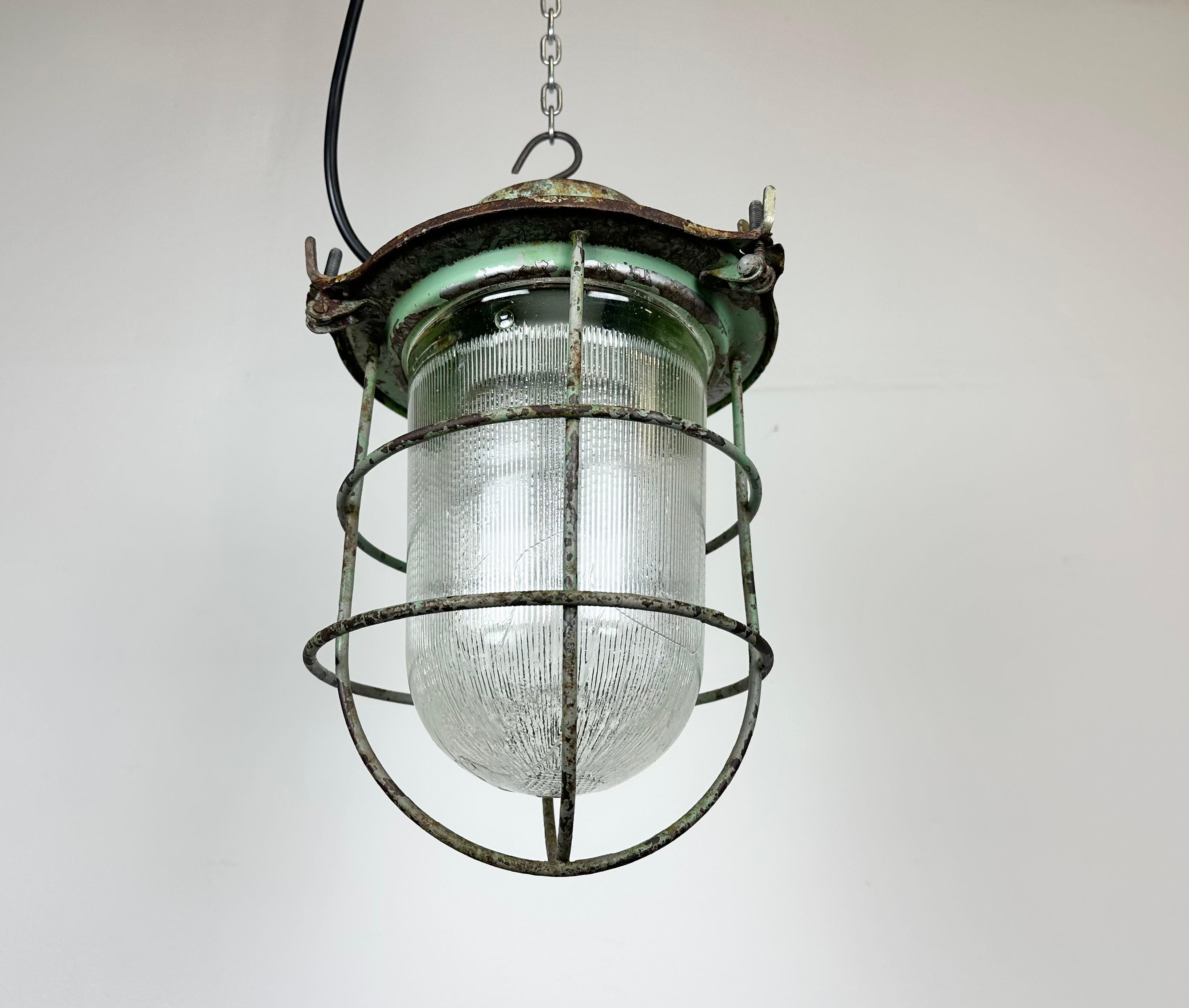 Green Industrial Soviet Bunker Pendant Light with Iron Grid, 1960s For Sale 6