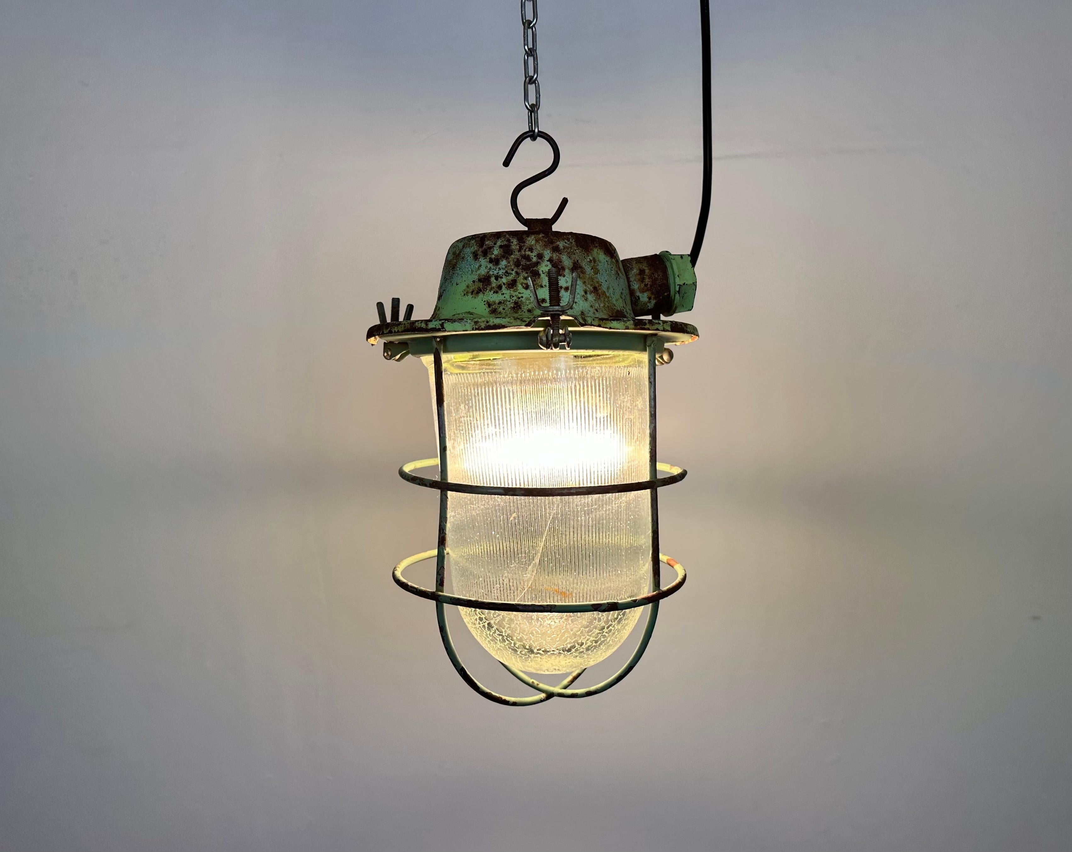 Green Industrial Soviet Bunker Pendant Light with Iron Grid, 1960s 6