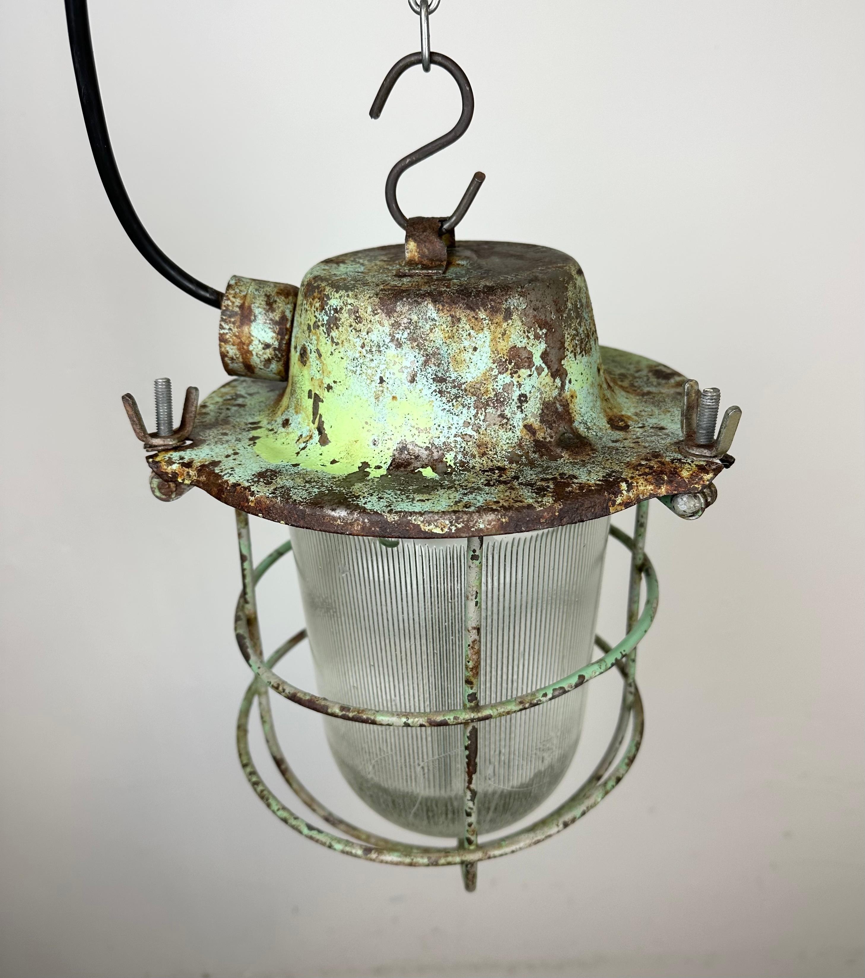 Green Industrial Soviet Bunker Pendant Light with Iron Grid, 1960s For Sale 8