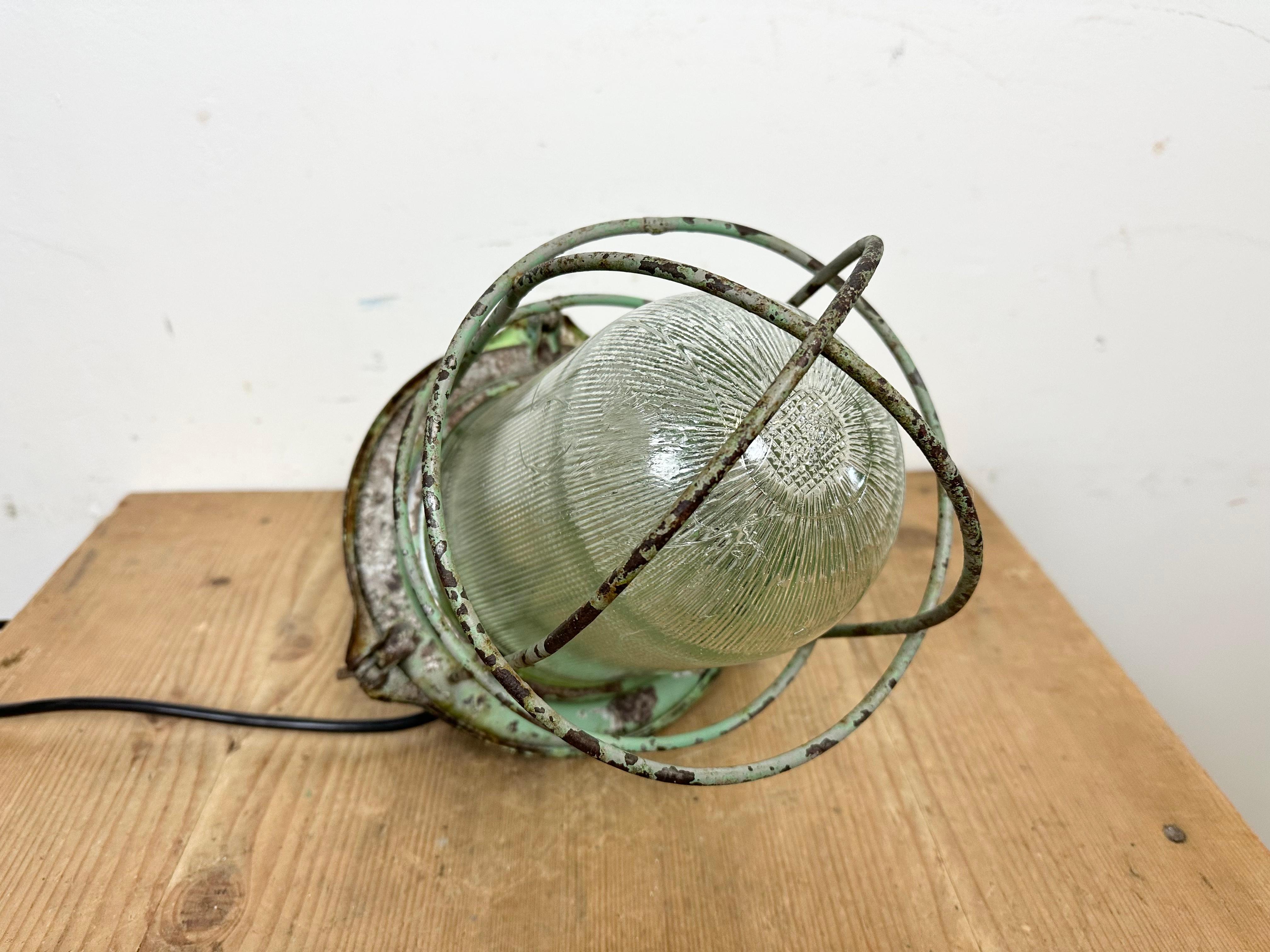 Green Industrial Soviet Bunker Pendant Light with Iron Grid, 1960s For Sale 9