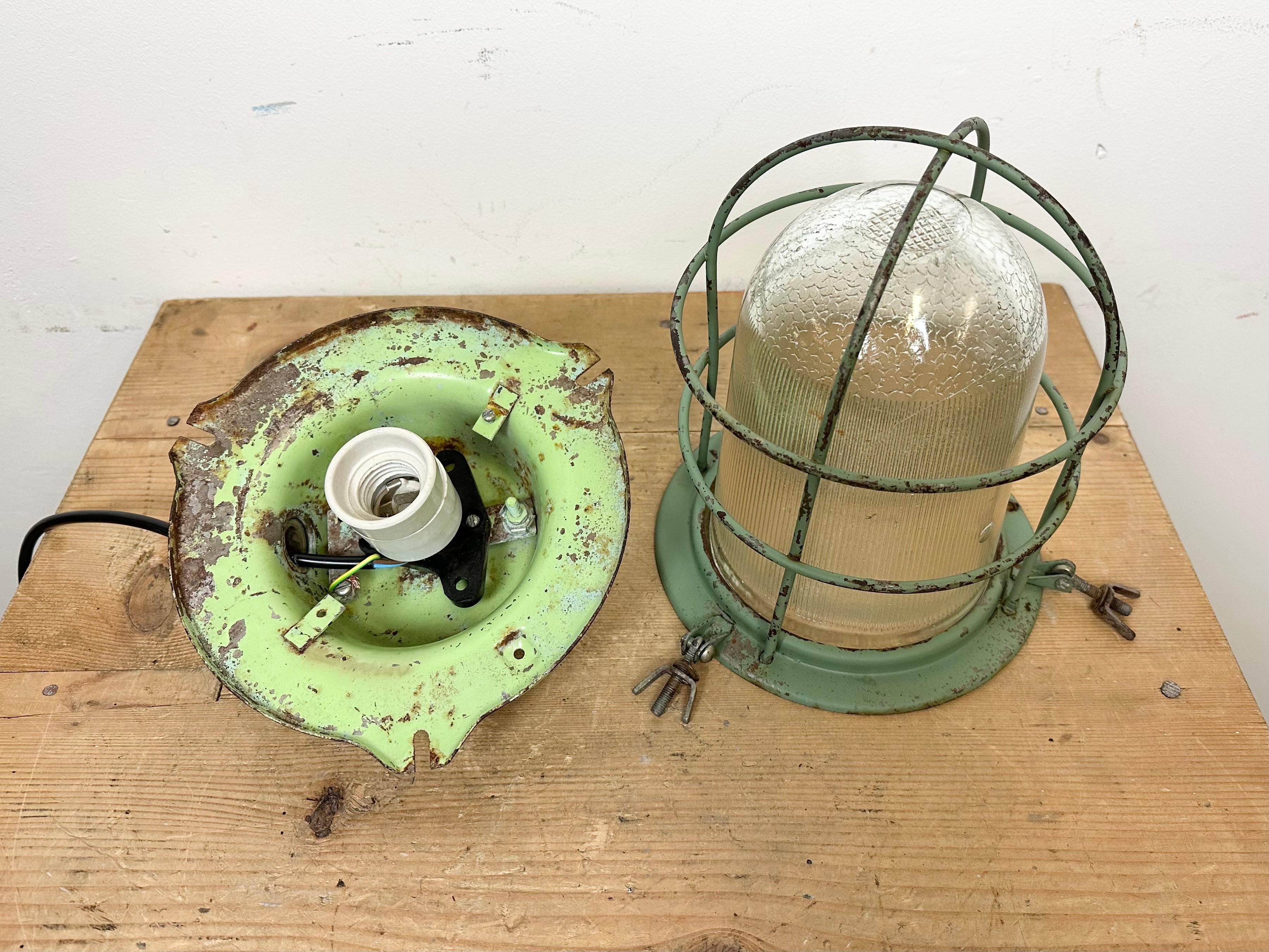 Green Industrial Soviet Bunker Pendant Light with Iron Grid, 1960s 9