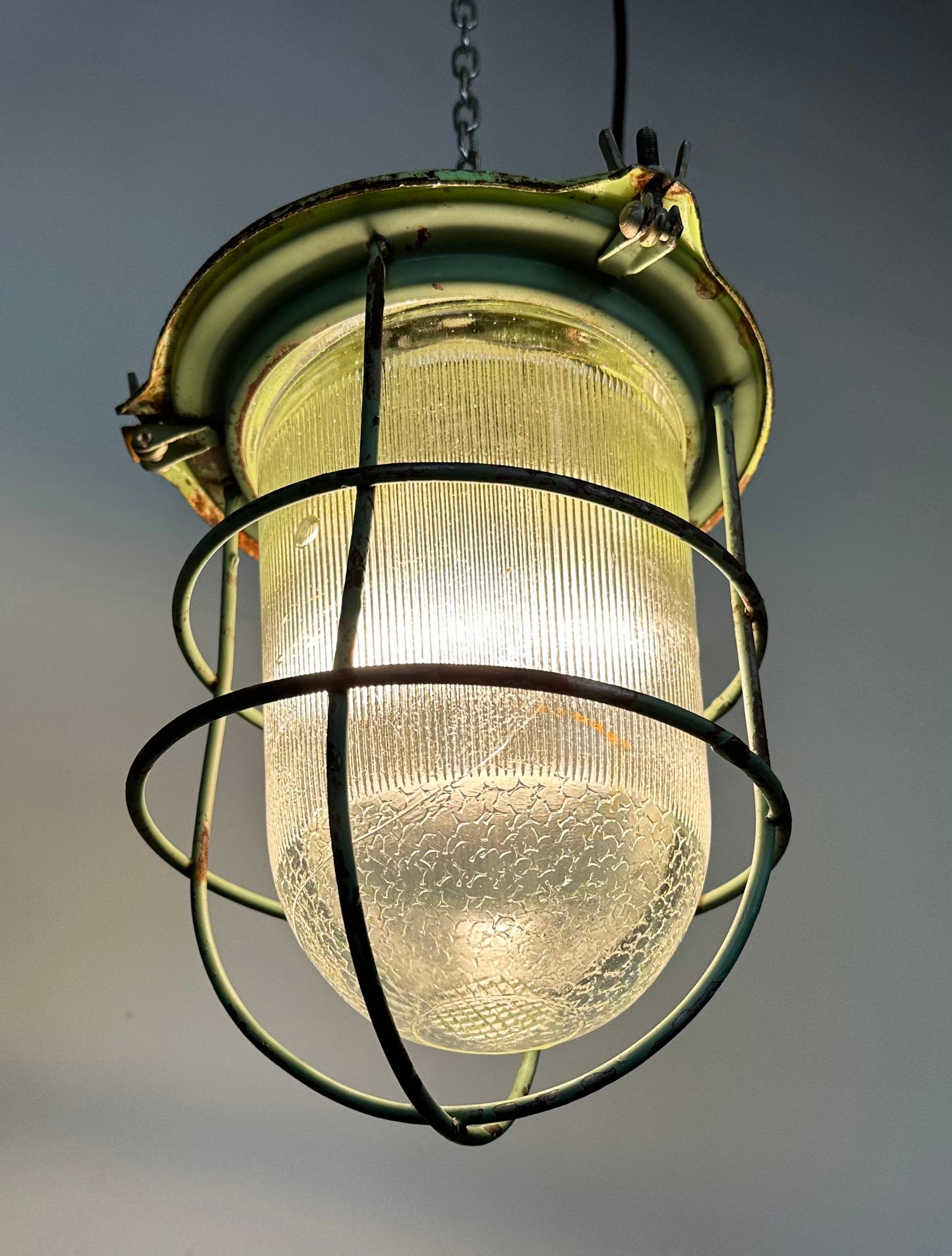 Green Industrial Soviet Bunker Pendant Light with Iron Grid, 1960s 10