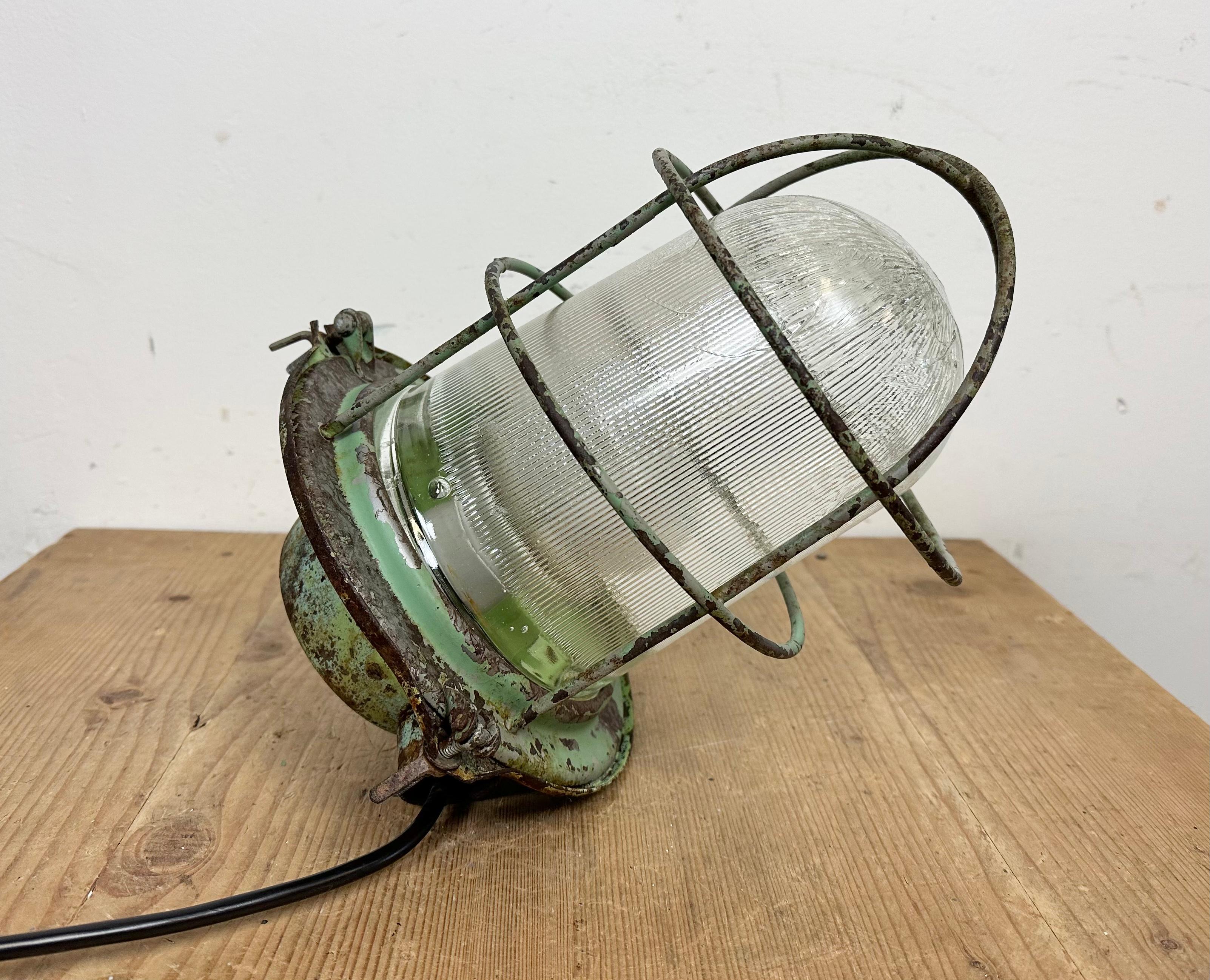 Green Industrial Soviet Bunker Pendant Light with Iron Grid, 1960s For Sale 11