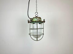 Green Industrial Soviet Bunker Pendant Light with Iron Grid, 1960s