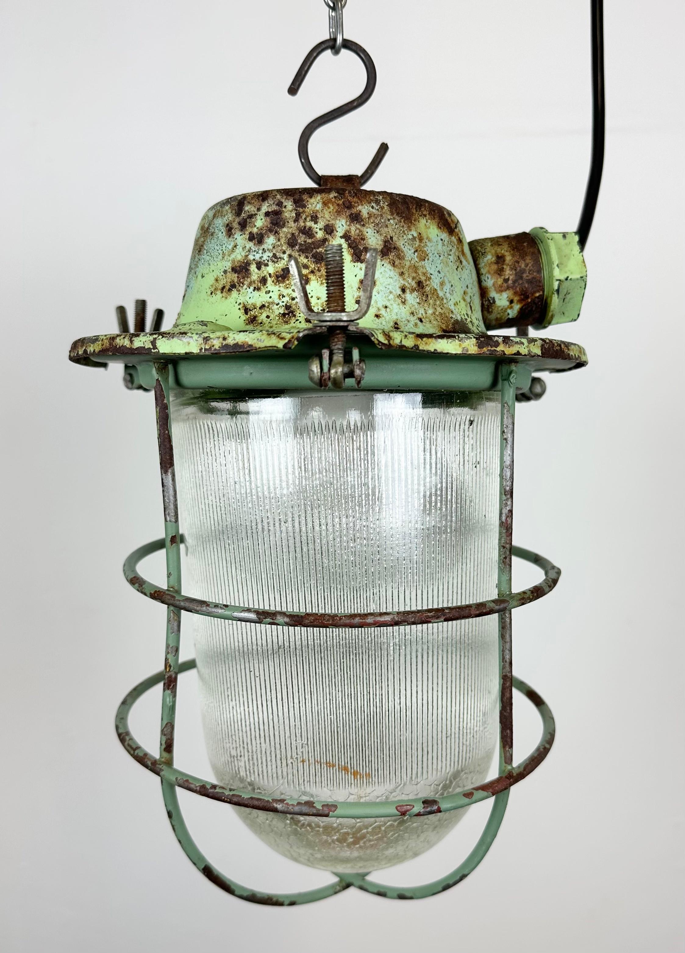 Russian Green Industrial Soviet Bunker Pendant Light with Iron Grid, 1960s