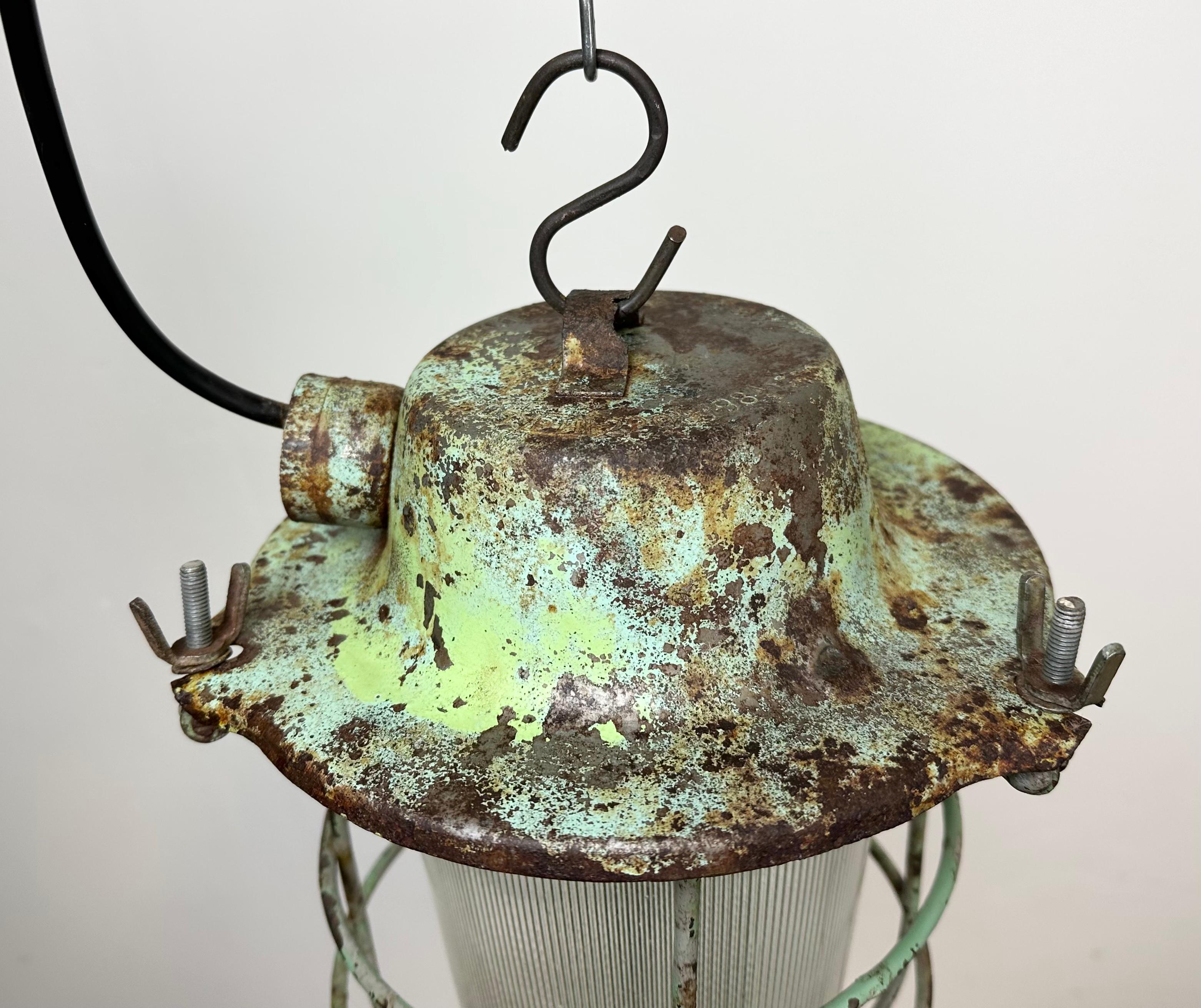 Russian Green Industrial Soviet Bunker Pendant Light with Iron Grid, 1960s For Sale