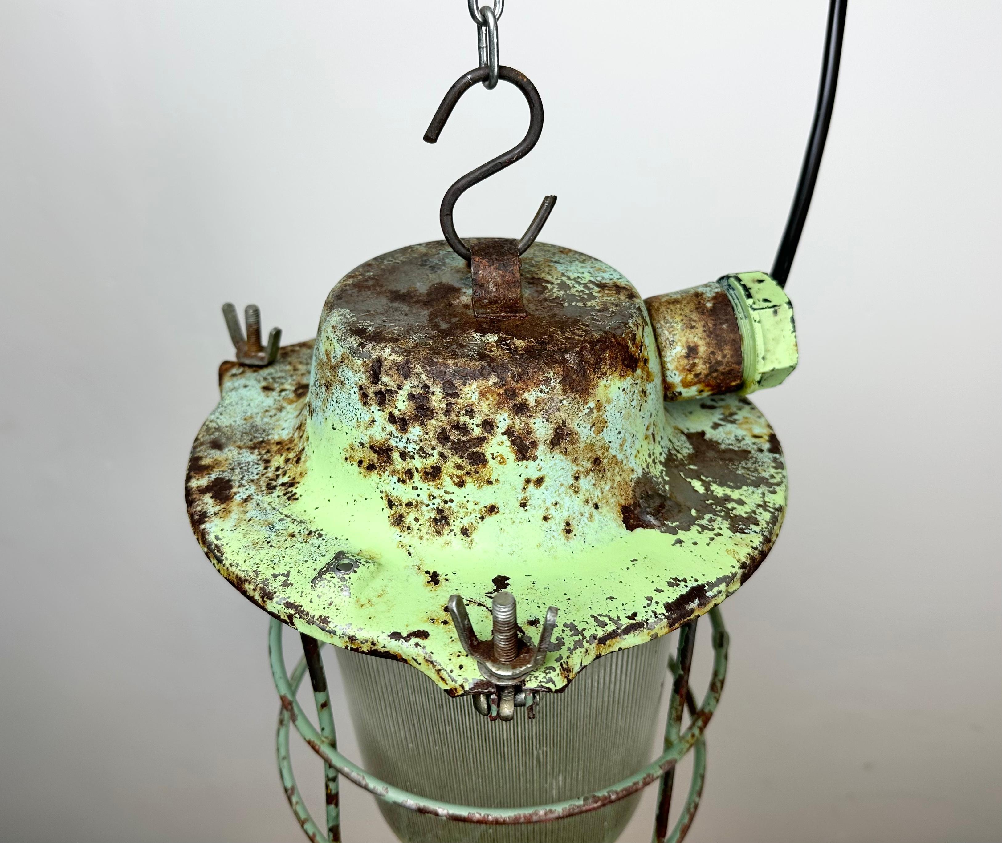 Lacquered Green Industrial Soviet Bunker Pendant Light with Iron Grid, 1960s